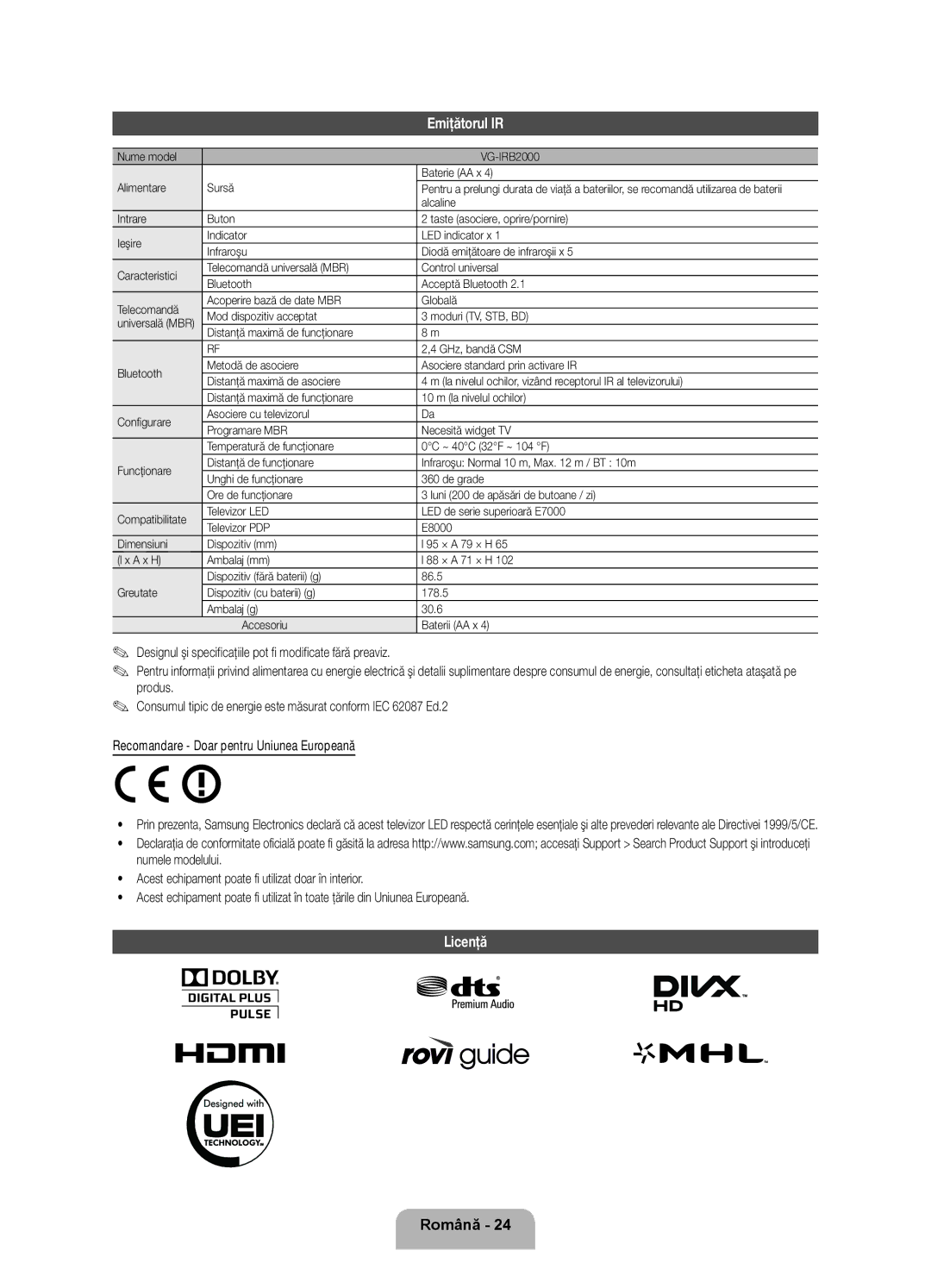 Samsung UE55ES7000SXXH, UE46ES7000SXXH manual Emiţătorul IR, Licenţă, Nume model VG-IRB2000 Baterie AA x Alimentare Sursă 