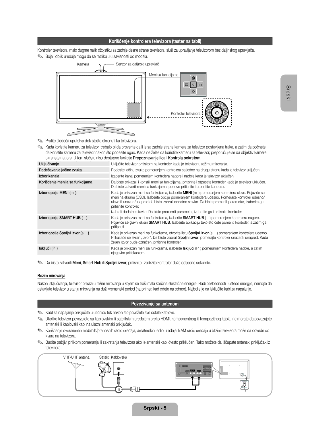 Samsung UE46ES7000SXXH, UE55ES7000SXXH manual Korišćenje kontrolera televizora taster na tabli, Povezivanje sa antenom 