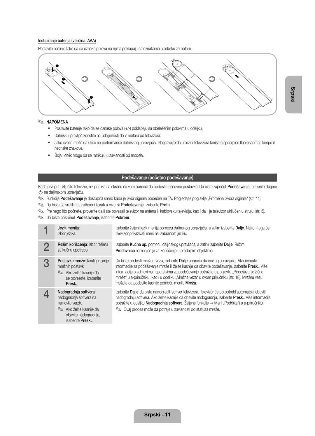 Samsung UE46ES7000SXXH, UE55ES7000SXXH, UE40ES7000SXXH manual Podešavanje početno podešavanje, Napomena 