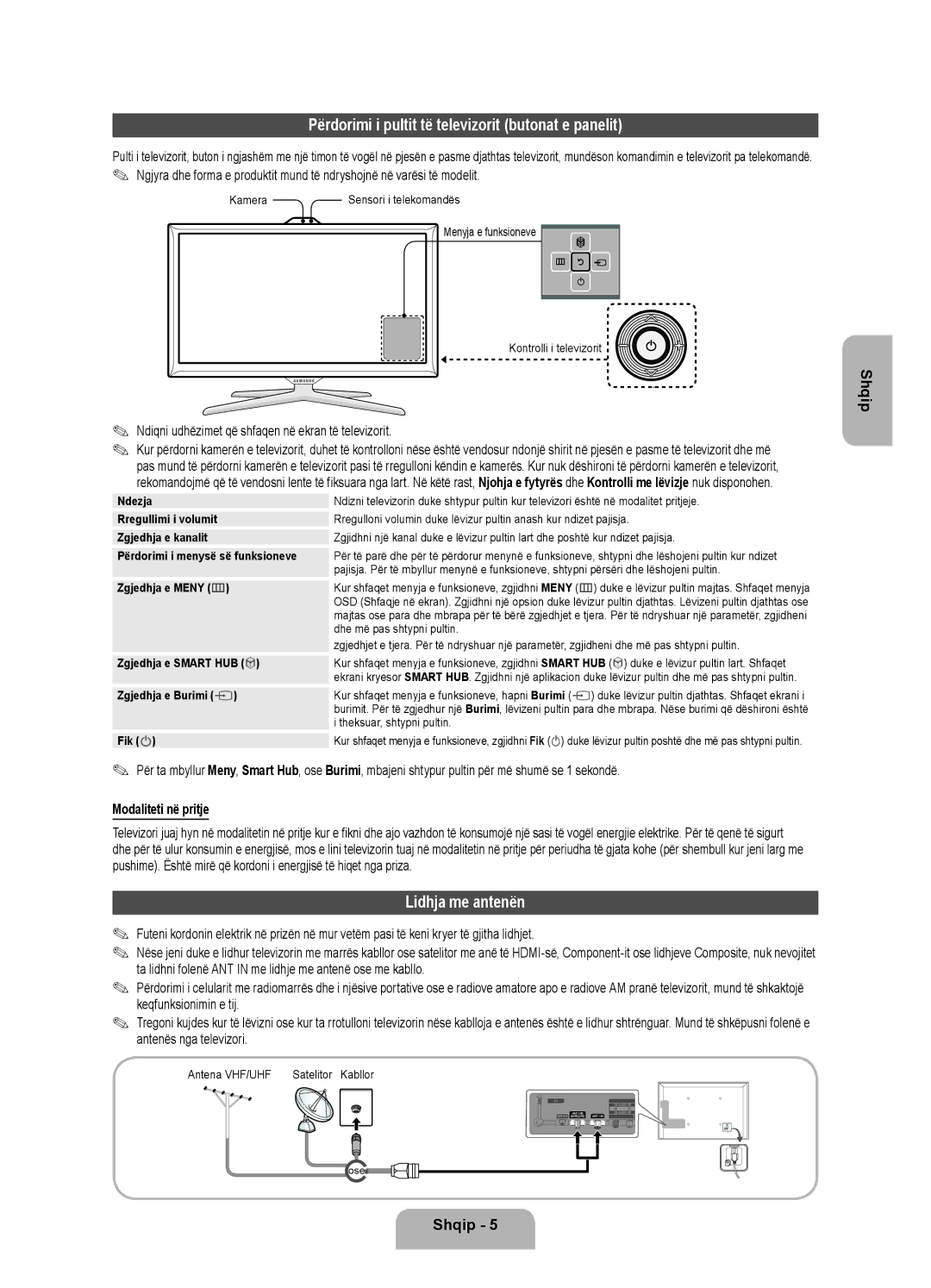 Samsung UE55ES7000SXXH manual Përdorimi i pultit të televizorit butonat e panelit, Lidhja me antenën, Modaliteti në pritje 