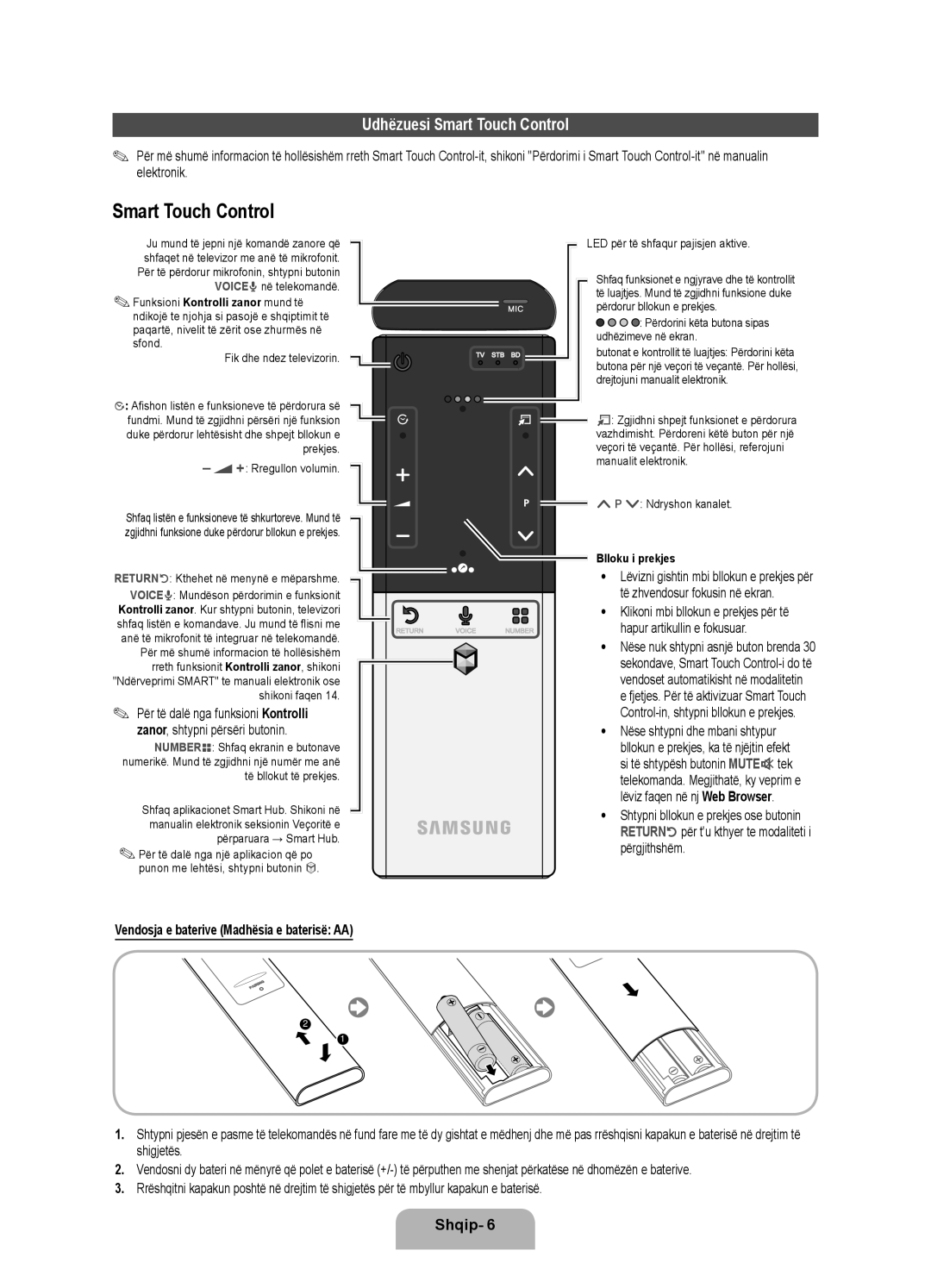 Samsung UE46ES7000SXXH, UE55ES7000SXXH manual Udhëzuesi Smart Touch Control, Vendosja e baterive Madhësia e baterisë AA 