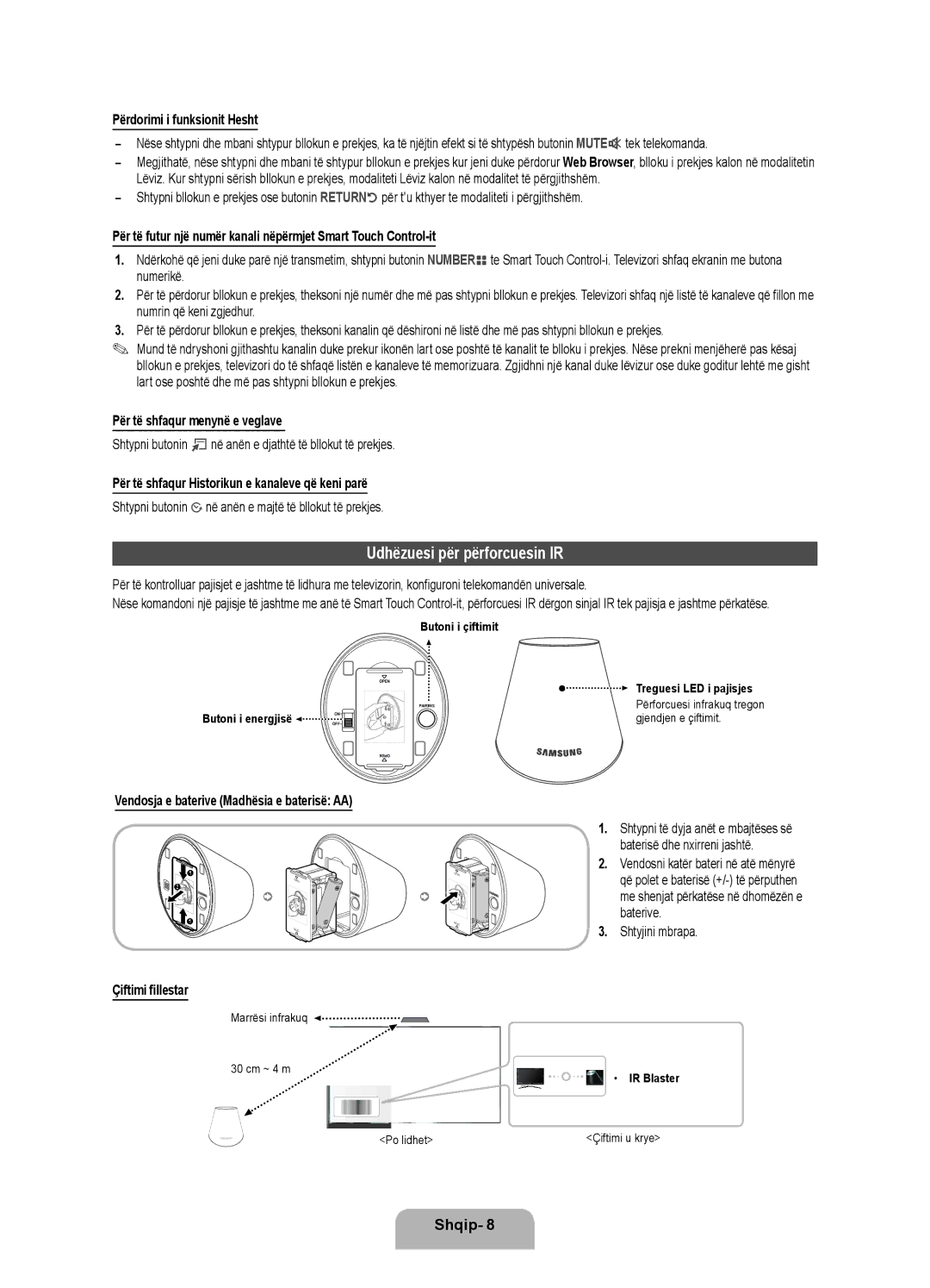 Samsung UE55ES7000SXXH manual Udhëzuesi për përforcuesin IR, Përdorimi i funksionit Hesht, Për të shfaqur menynë e veglave 