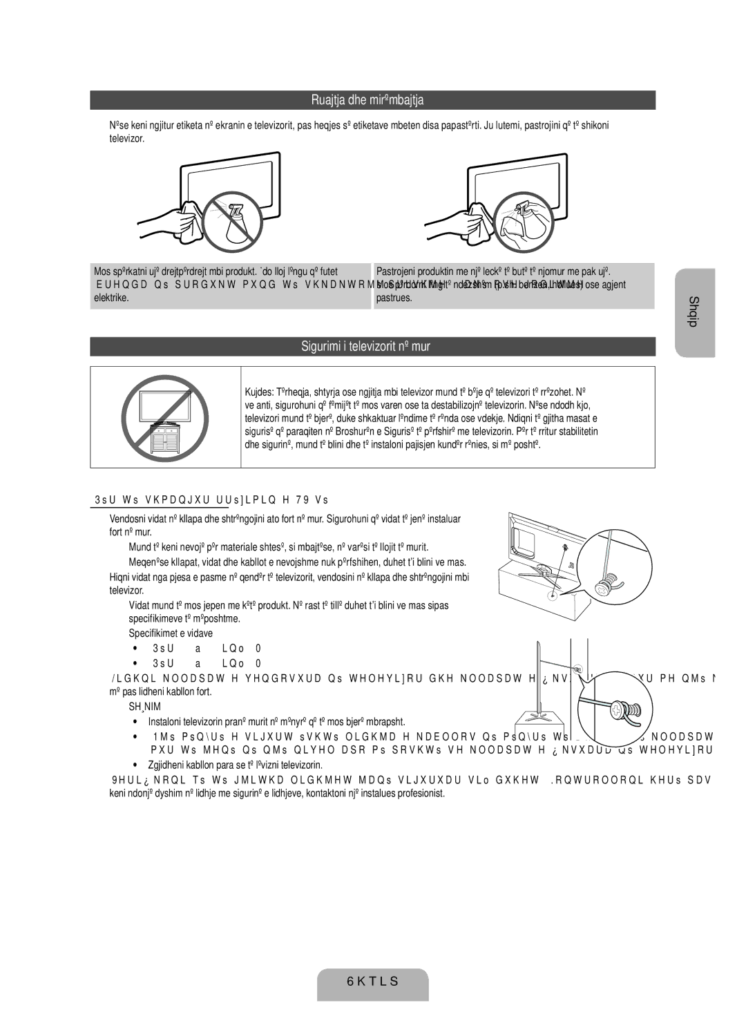 Samsung UE46ES7000SXXH, UE55ES7000SXXH manual Ruajtja dhe mirëmbajtja, Sigurimi i televizorit në mur, Elektrike Pastrues 