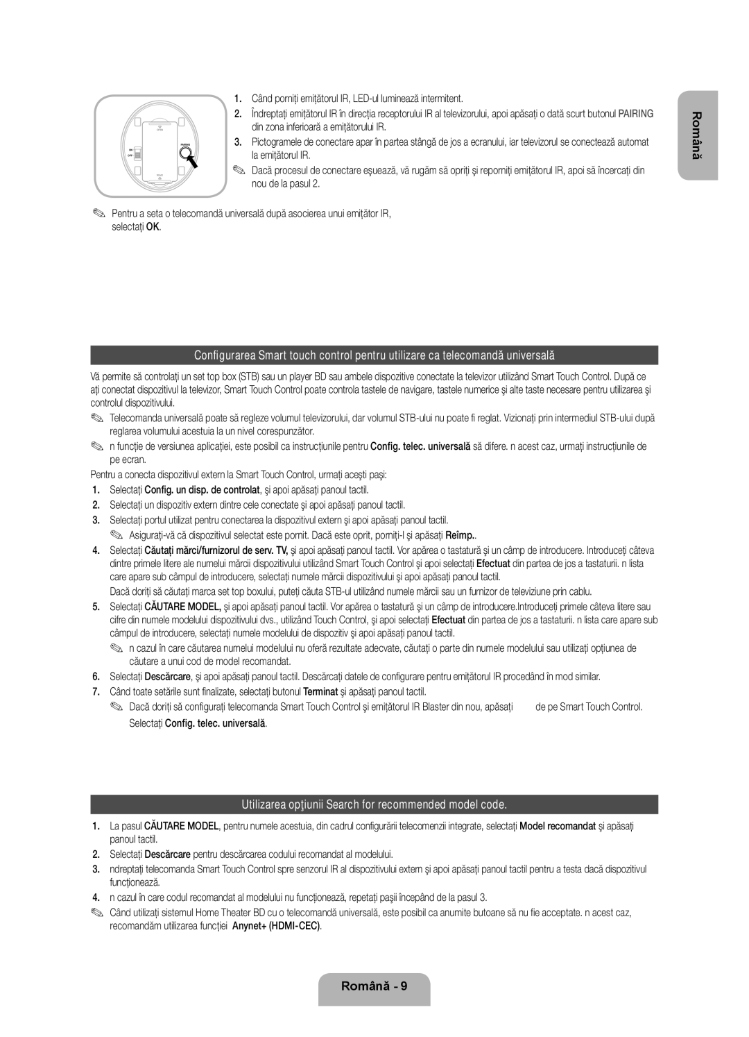 Samsung UE55ES7000SXXH manual Utilizarea opţiunii Search for recommended model code, Din zona inferioară a emiţătorului IR 