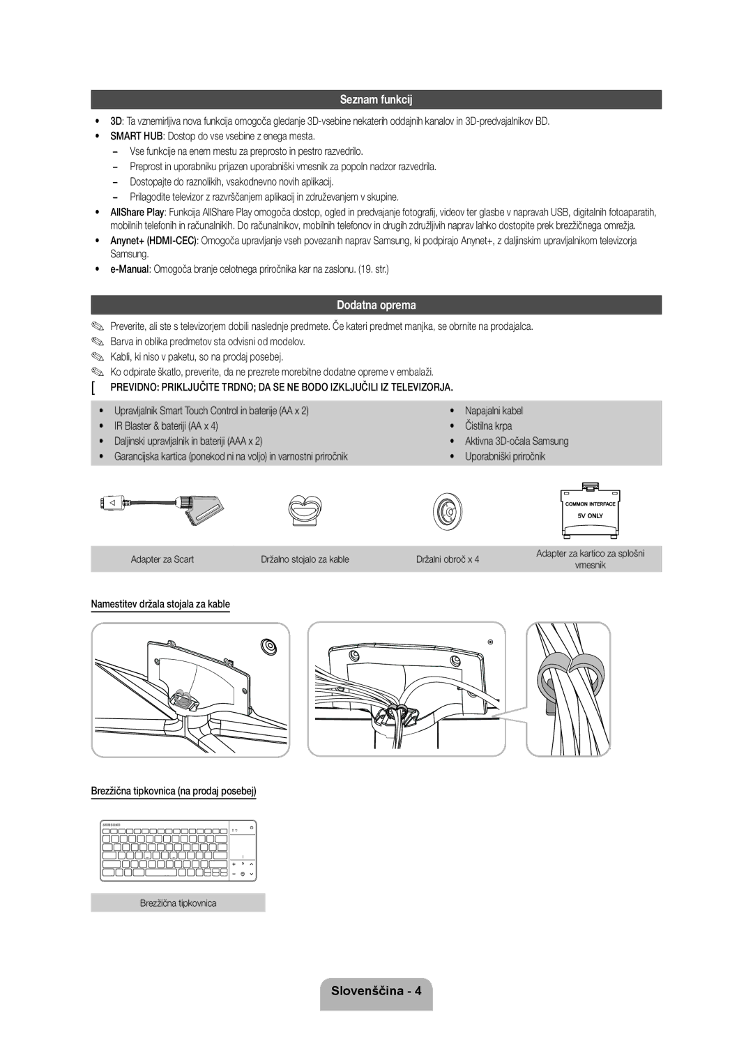 Samsung UE55ES7000SXXH manual Seznam funkcij, Dodatna oprema, Adapter za Scart Držalno stojalo za kable Držalni obroč x 