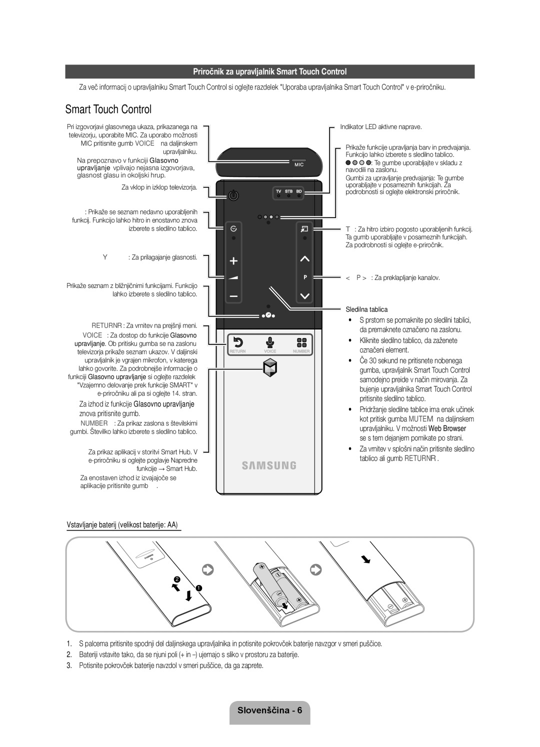 Samsung UE40ES7000SXXH, UE55ES7000SXXH, UE46ES7000SXXH manual Priročnik za upravljalnik Smart Touch Control 