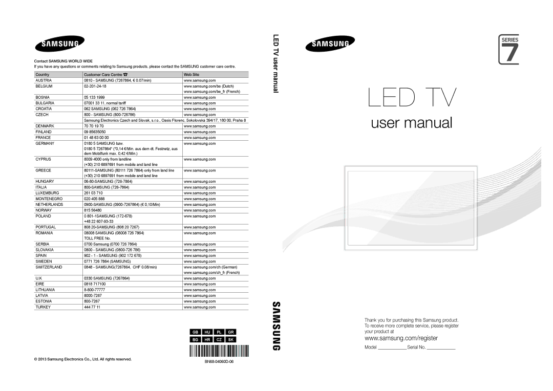 Samsung UE46ES7000SXXH, UE55ES7000SXXH manual 0180 5 7267864* *0,14 €/Min. aus dem dt. Festnetz, aus, BN68-04060D-06 