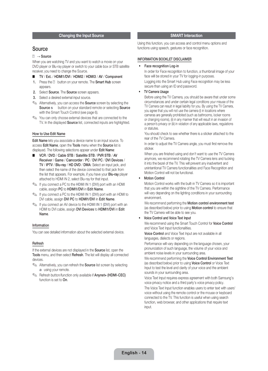 Samsung UE46ES7090SXZG, UE55ES7090SXZG, UE40ES7090SXZG manual Changing the Input Source, Smart Interaction 