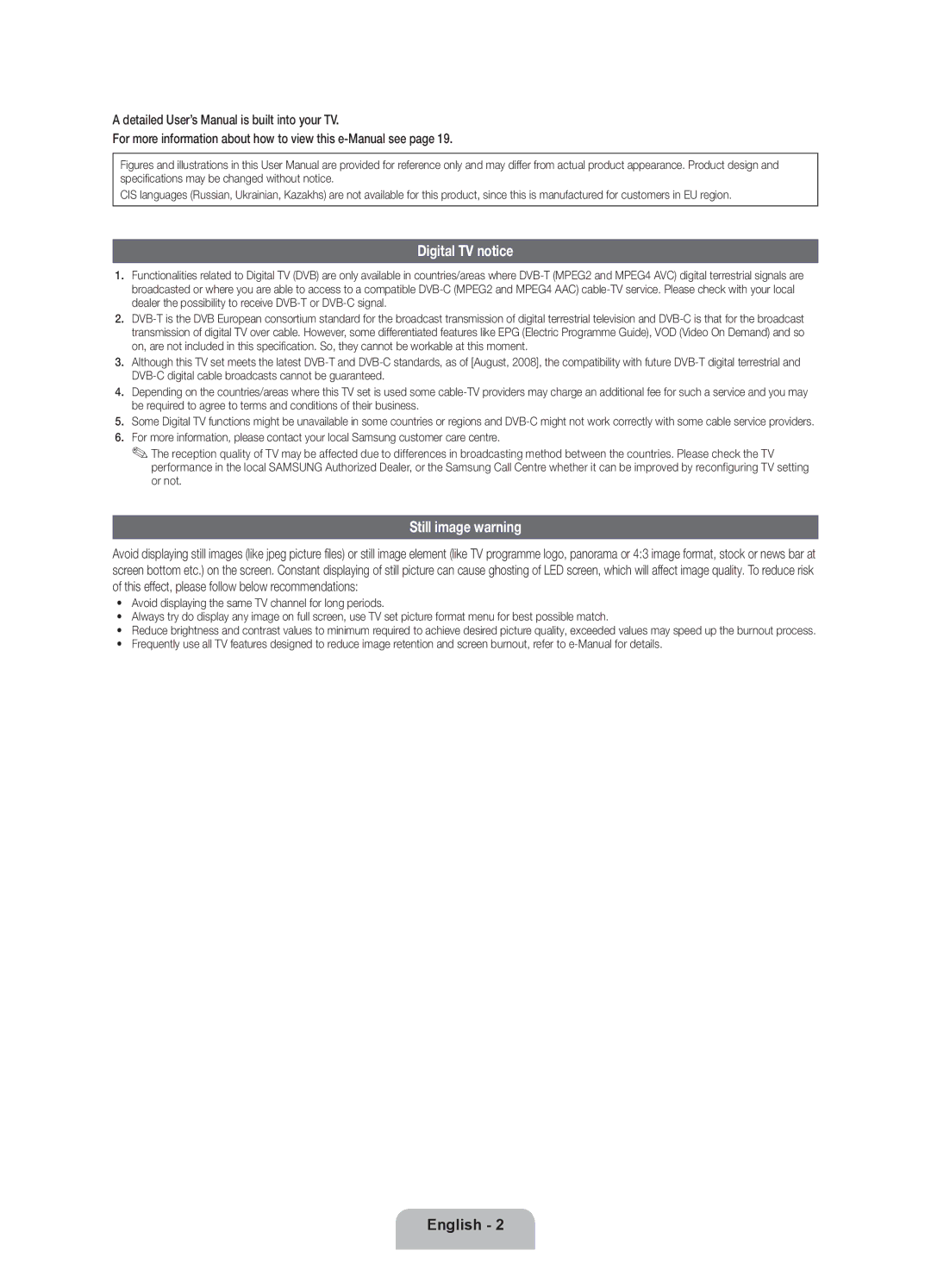 Samsung UE46ES7090SXZG, UE55ES7090SXZG, UE40ES7090SXZG manual Digital TV notice, Still image warning 