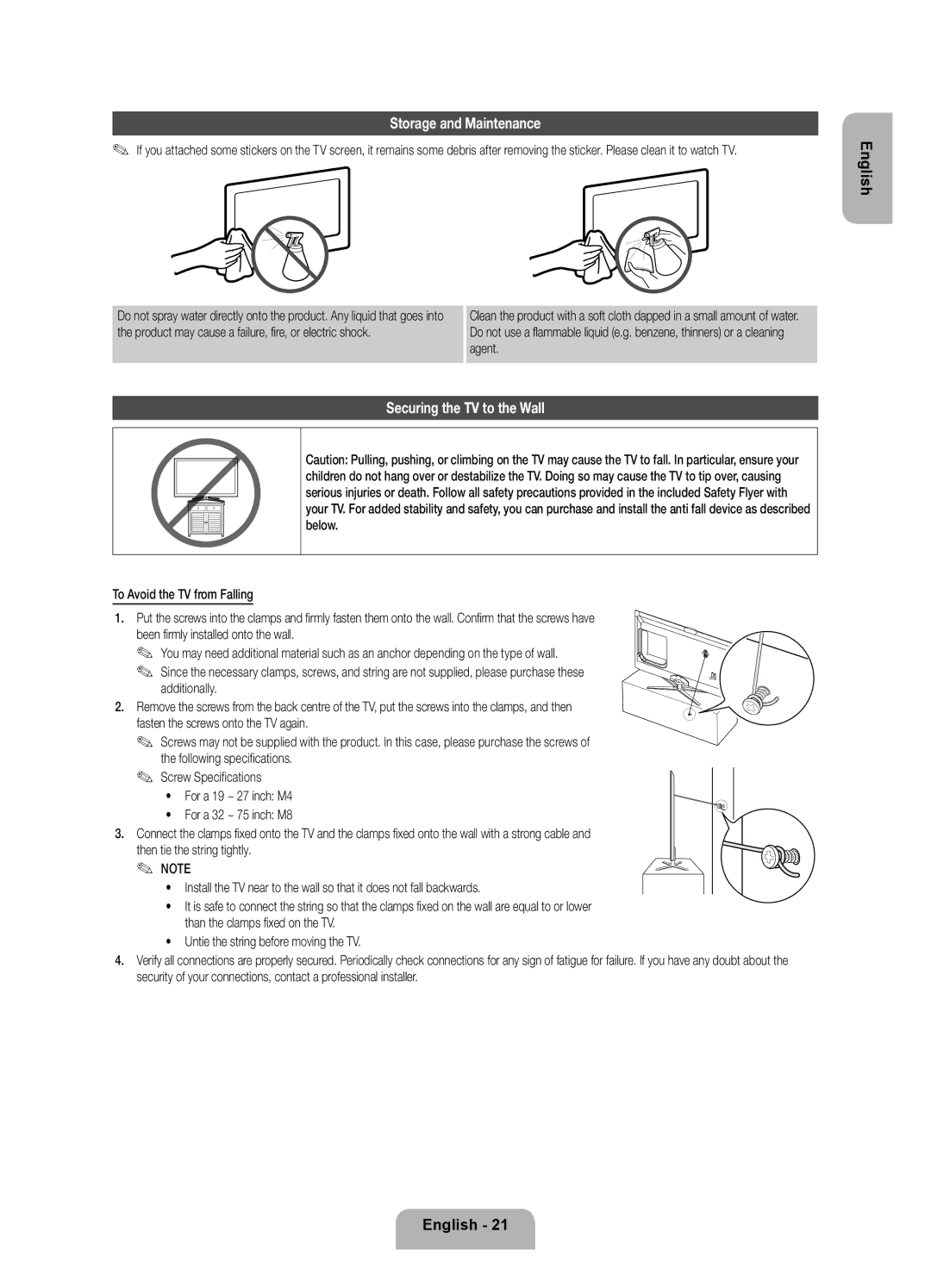 Samsung UE55ES7090SXZG, UE40ES7090SXZG, UE46ES7090SXZG manual Storage and Maintenance, Securing the TV to the Wall 