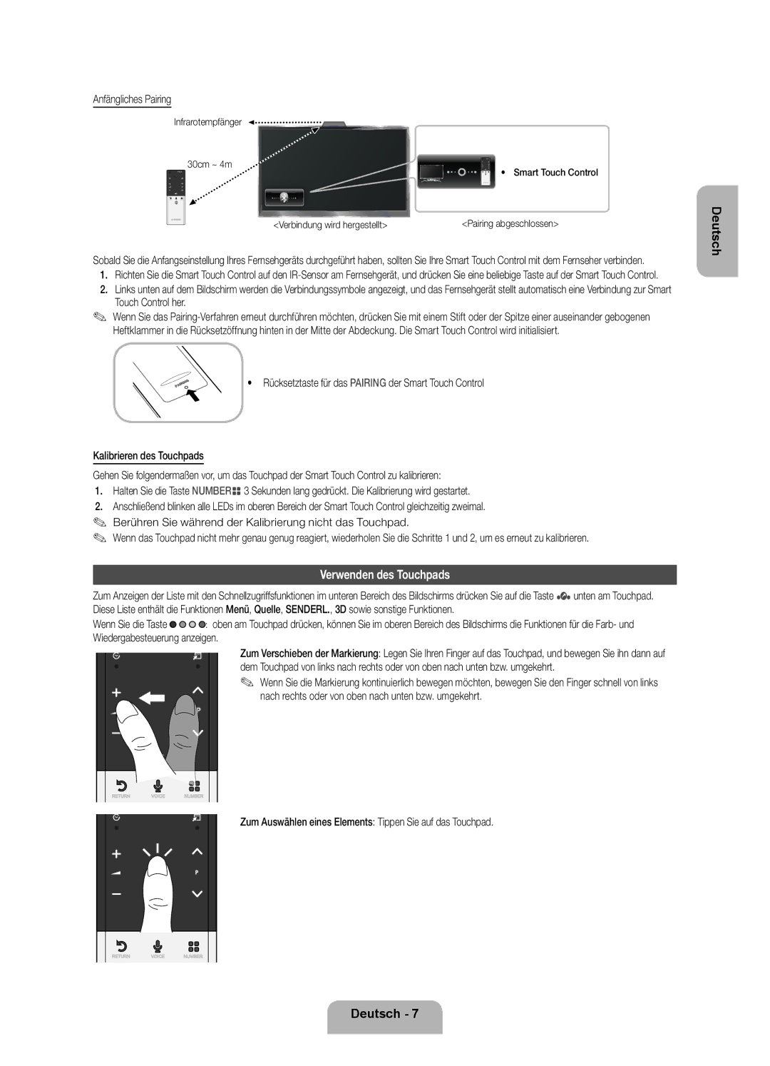 Samsung UE55ES7090SXZG, UE40ES7090SXZG, UE46ES7090SXZG manual Verwenden des Touchpads, Anfängliches Pairing 