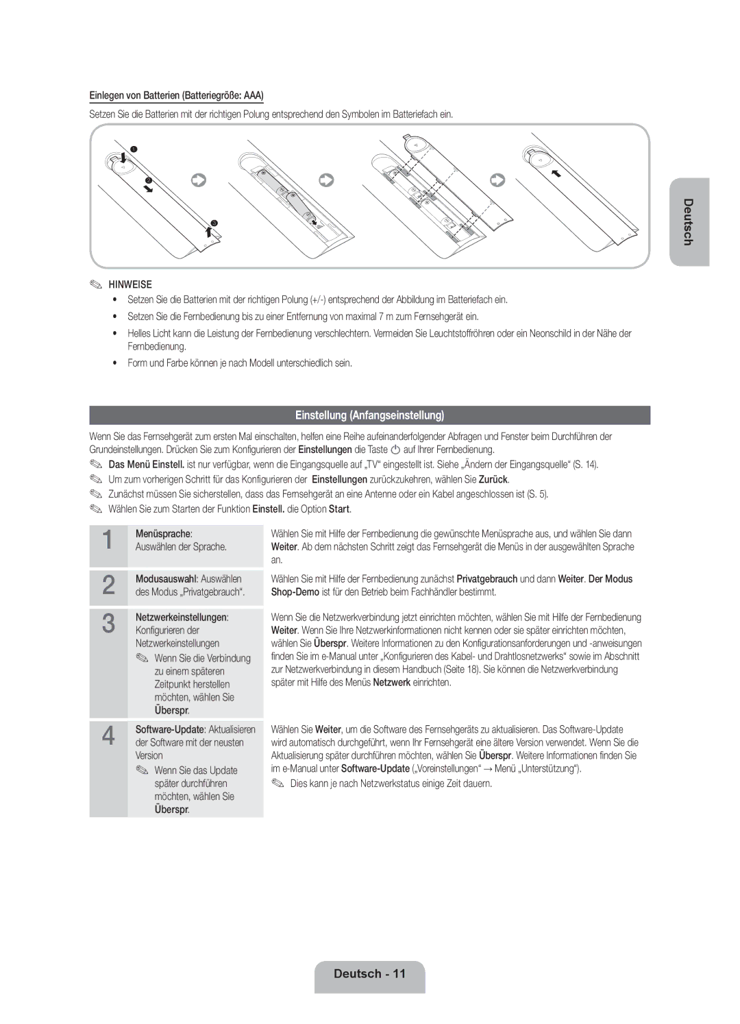 Samsung UE40ES7090SXZG manual Einstellung Anfangseinstellung, Menüsprache Auswählen der Sprache Modusauswahl Auswählen 