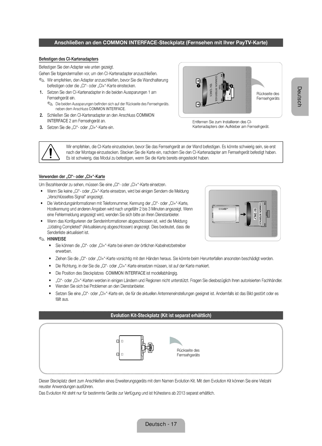 Samsung UE40ES7090SXZG manual Evolution Kit-Steckplatz Kit ist separat erhältlich, Setzen Sie die „CI- oder „CI+-Karte ein 