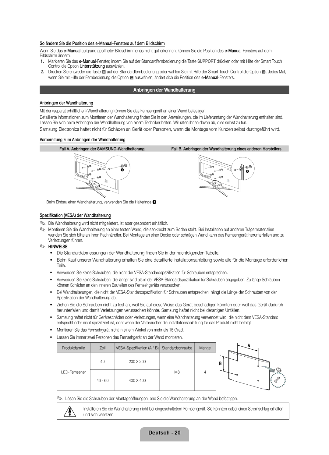 Samsung UE40ES7090SXZG, UE55ES7090SXZG manual Vorbereitung zum Anbringen der Wandhalterung, Produktfamilie Zoll, Menge 