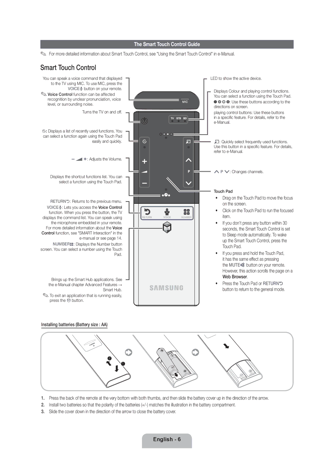 Samsung UE55ES7090SXZG Smart Touch Control Guide, Installing batteries Battery size AA, LED to show the active device 