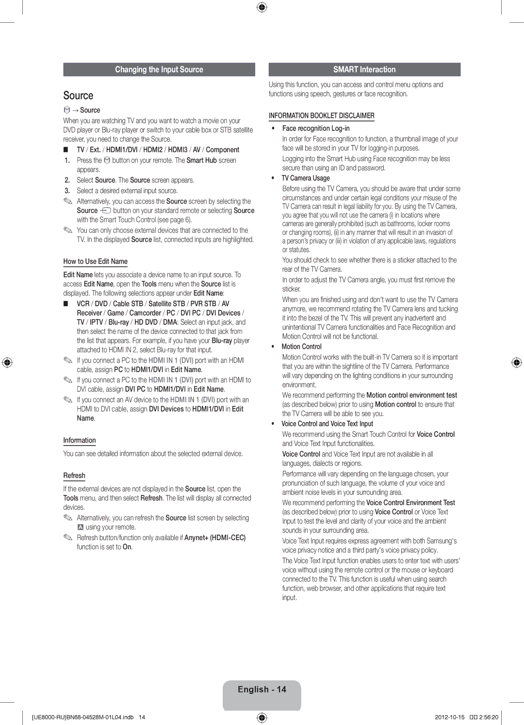 Samsung UE40ES8000SXRU, UE55ES8000SXMS, UE46ES8000SXRU, UE55ES8000SXRU manual Changing the Input Source, Smart Interaction 