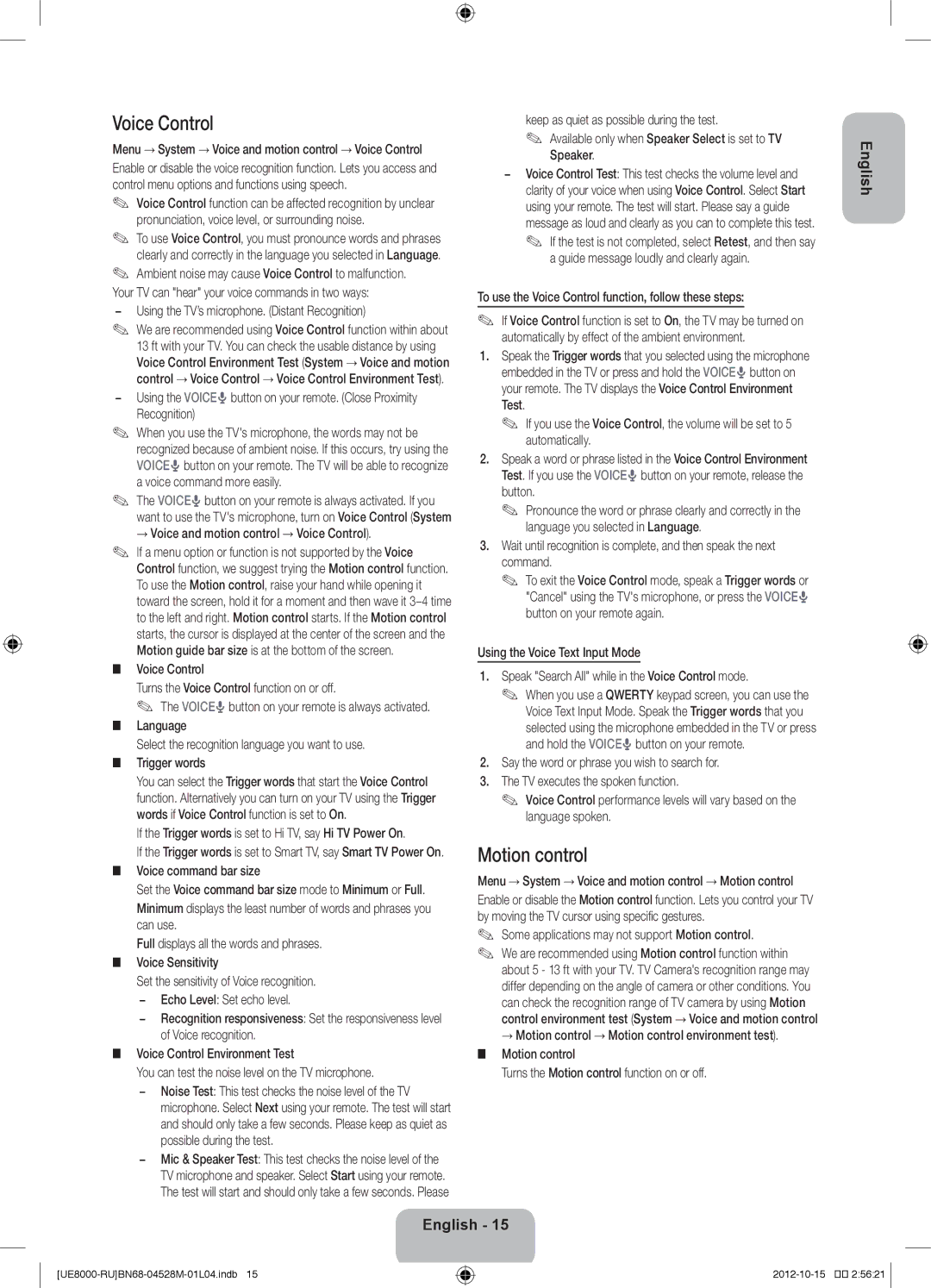 Samsung UE55ES8000SXMS, UE46ES8000SXRU, UE55ES8000SXRU, UE46ES8000SXMS, UE40ES8000SXRU manual Voice Control, Motion control 