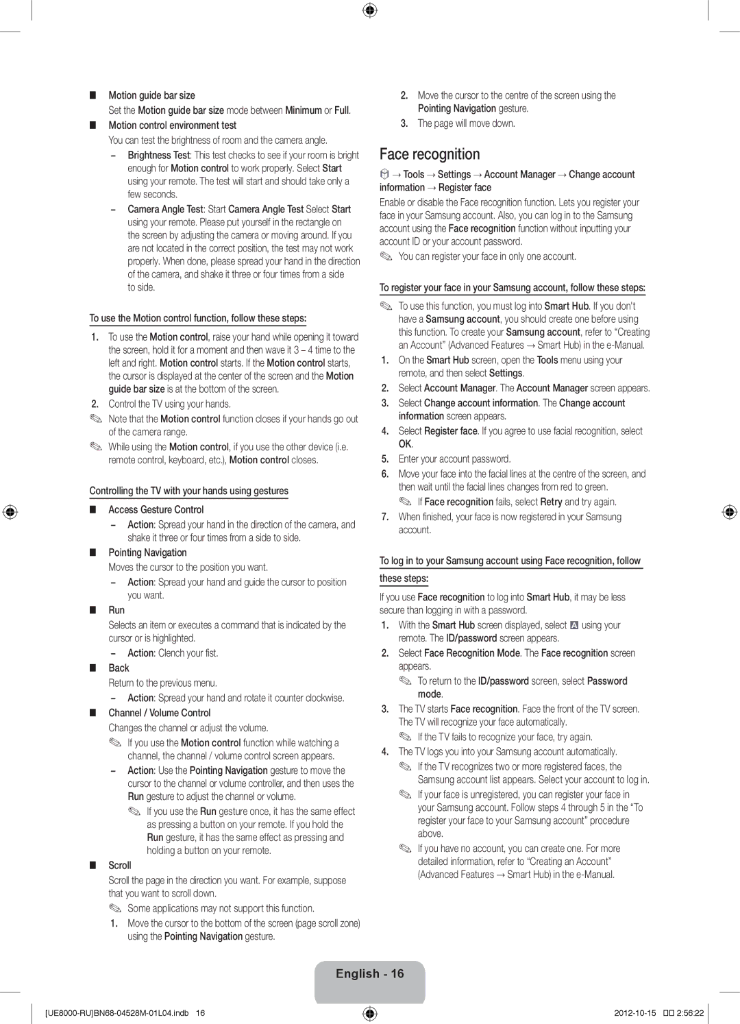 Samsung UE46ES8000SXRU manual Face recognition, To use the Motion control function, follow these steps, Will move down 