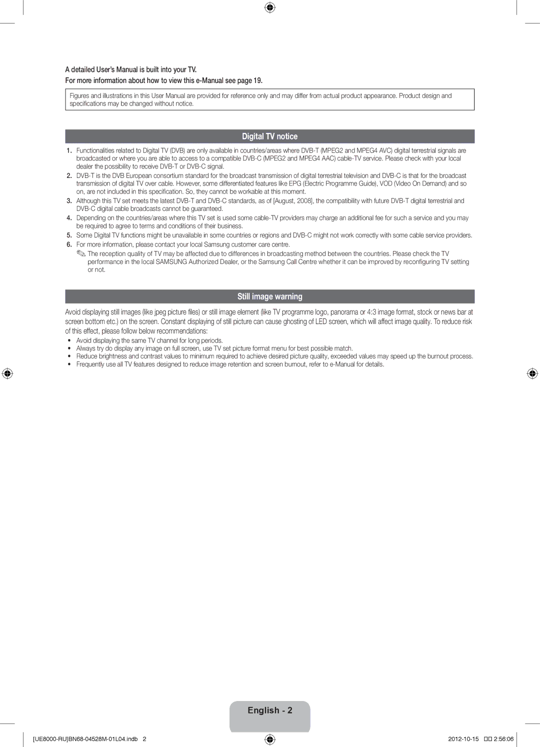 Samsung UE55ES8000SXRU, UE55ES8000SXMS, UE46ES8000SXRU, UE46ES8000SXMS, UE40ES8000SXRU Digital TV notice, Still image warning 