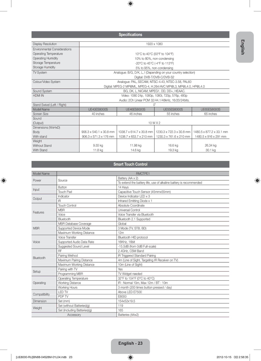 Samsung UE46ES8000SXMS, UE55ES8000SXMS, UE46ES8000SXRU, UE55ES8000SXRU, UE40ES8000SXRU Specifications, Smart Touch Control 