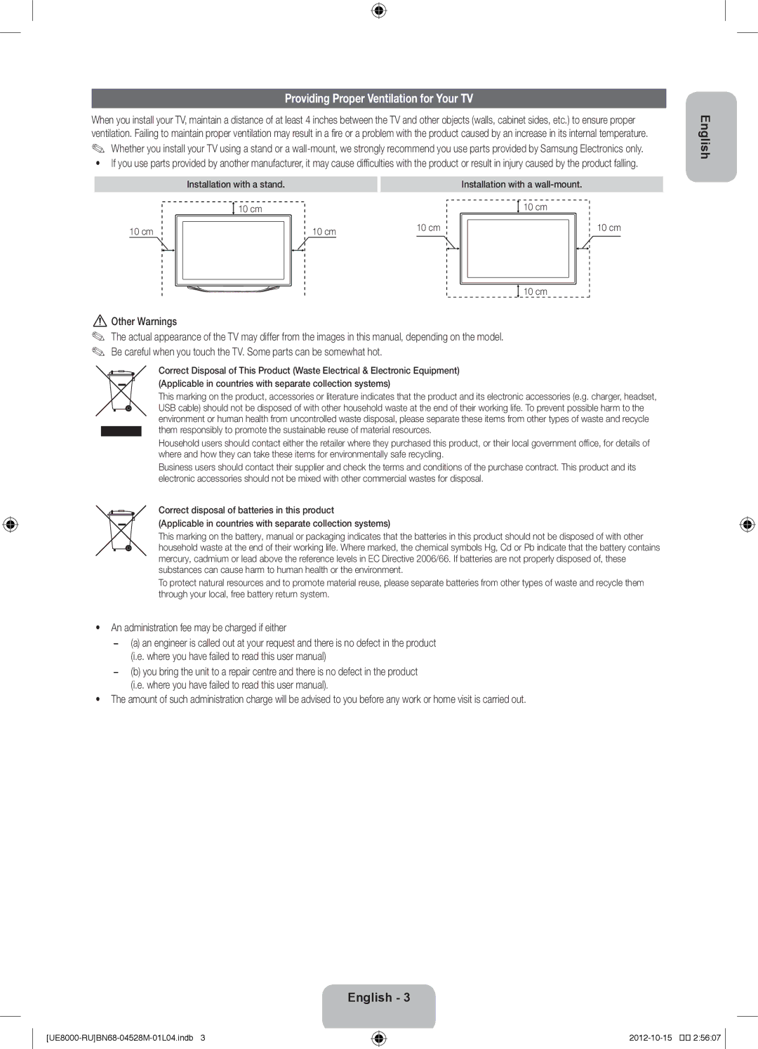 Samsung UE46ES8000SXMS manual Providing Proper Ventilation for Your TV, Other Warnings, Installation with a stand, 10 cm 