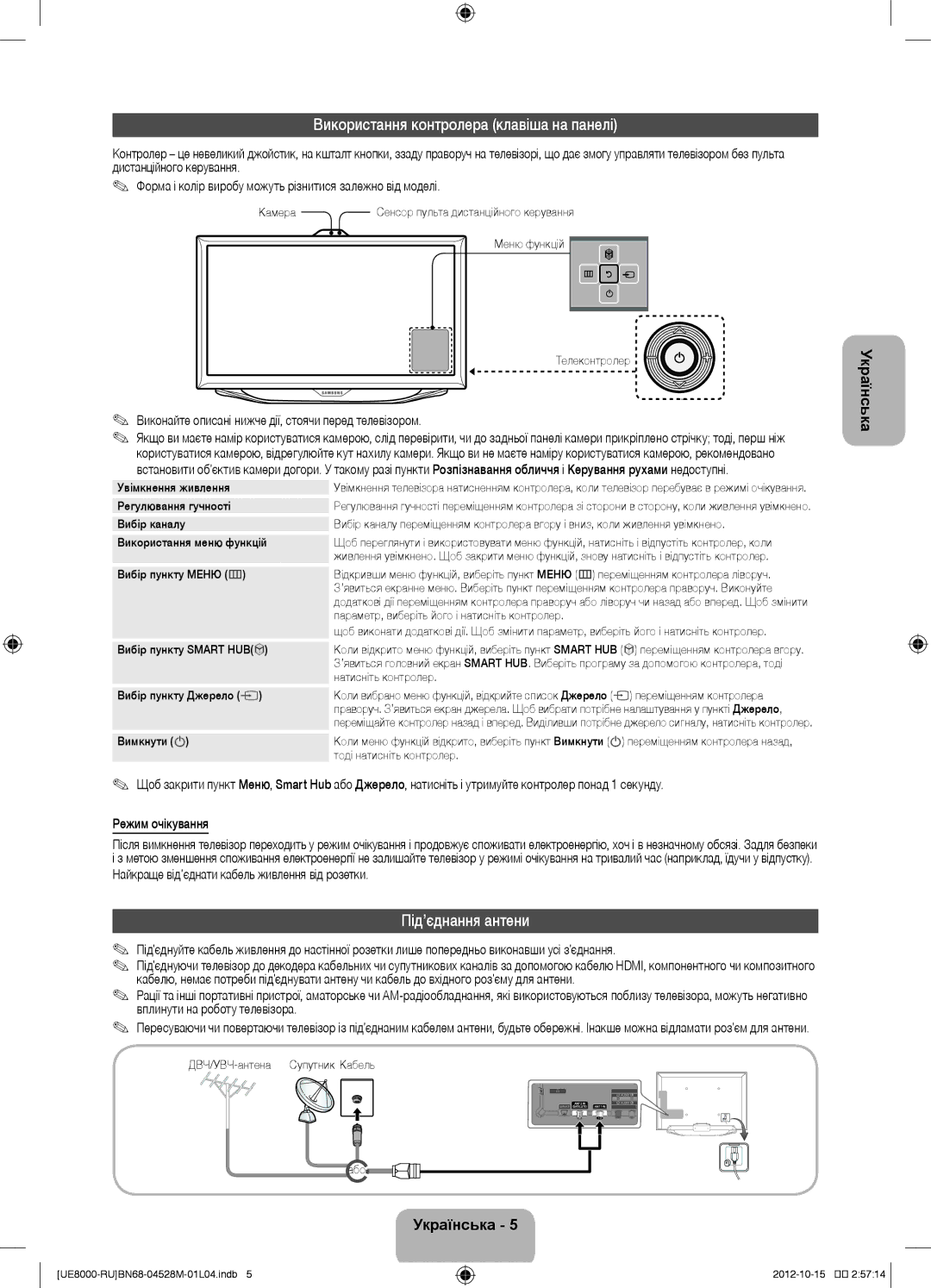 Samsung UE46ES8000SXRU, UE55ES8000SXMS, UE55ES8000SXRU manual Використання контролера клавіша на панелі, Під’єднання антени 