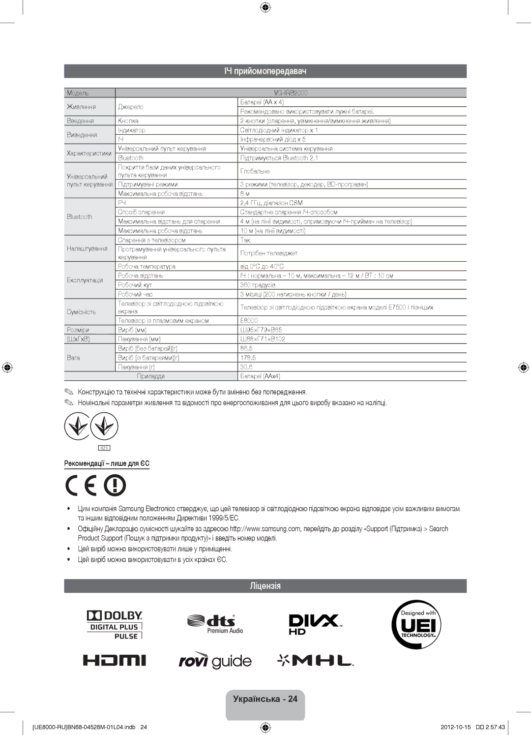 Samsung UE55ES8000SXMS, UE46ES8000SXRU, UE55ES8000SXRU manual ІЧ прийомопередавач, Ліцензія, Універсальний Пульта керування 