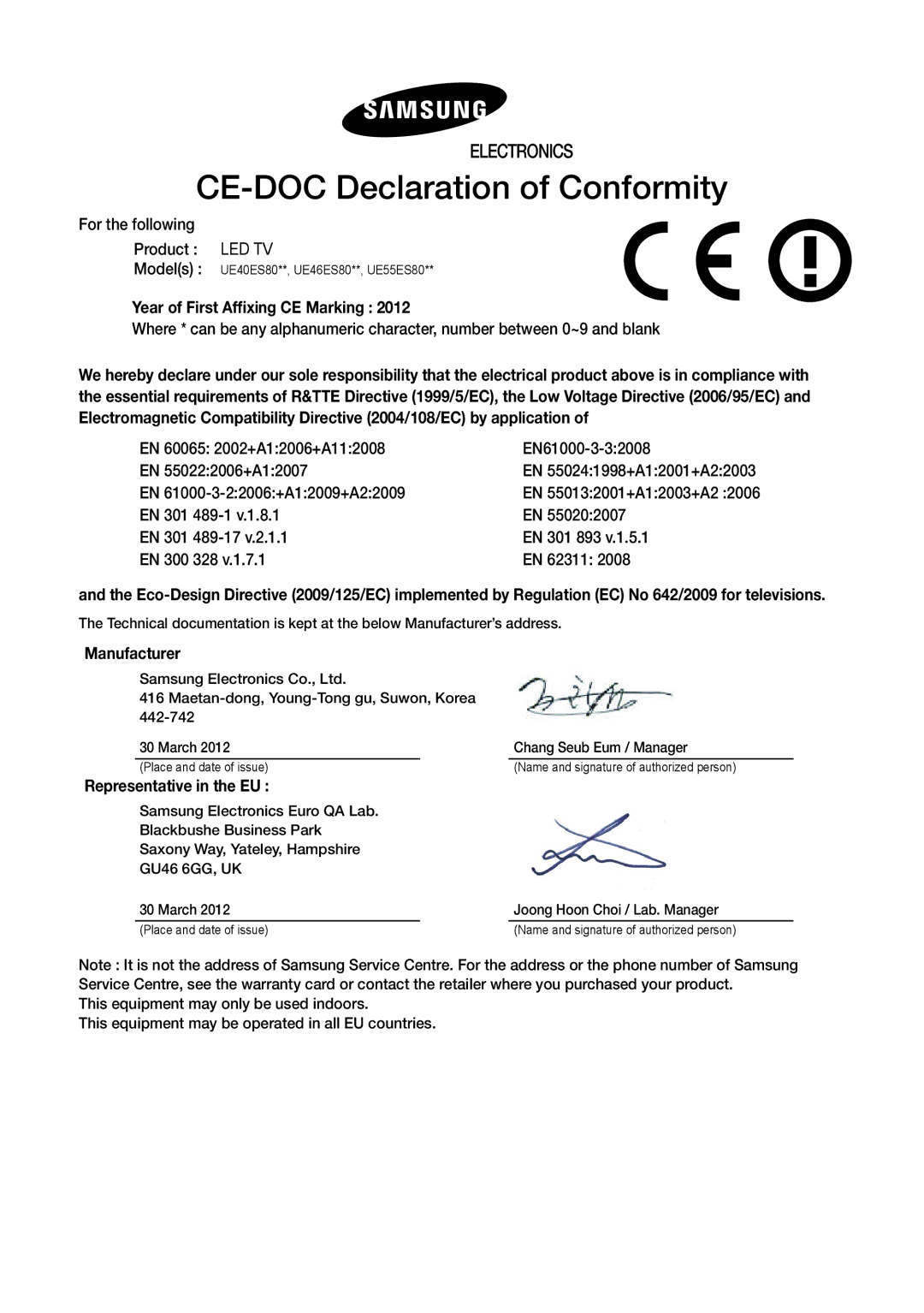 Samsung UE46ES8000SXRU manual CE-DOC Declaration of Conformity, Year of First Affixing CE Marking, Manufacturer 