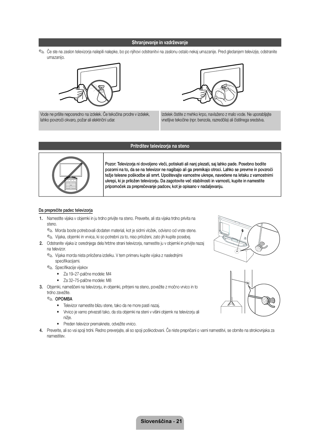 Samsung UE40ES8000SXXH, UE55ES8000SXXH, UE46ES8000SXXH manual Shranjevanje in vzdrževanje, Pritrditev televizorja na steno 