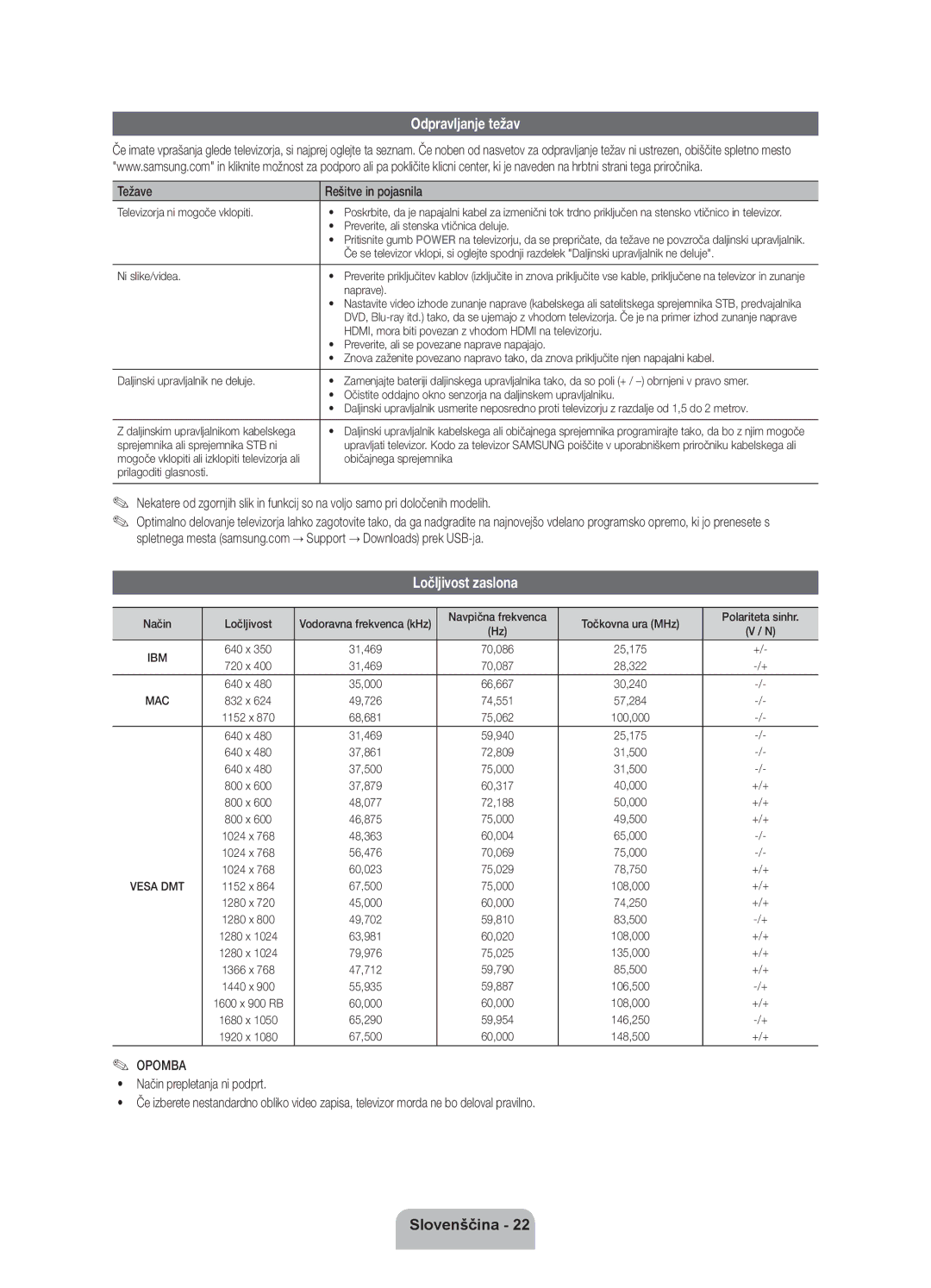 Samsung UE55ES8000SXXH, UE46ES8000SXXH, UE40ES8000SXXH Odpravljanje težav, Ločljivost zaslona, Težave Rešitve in pojasnila 