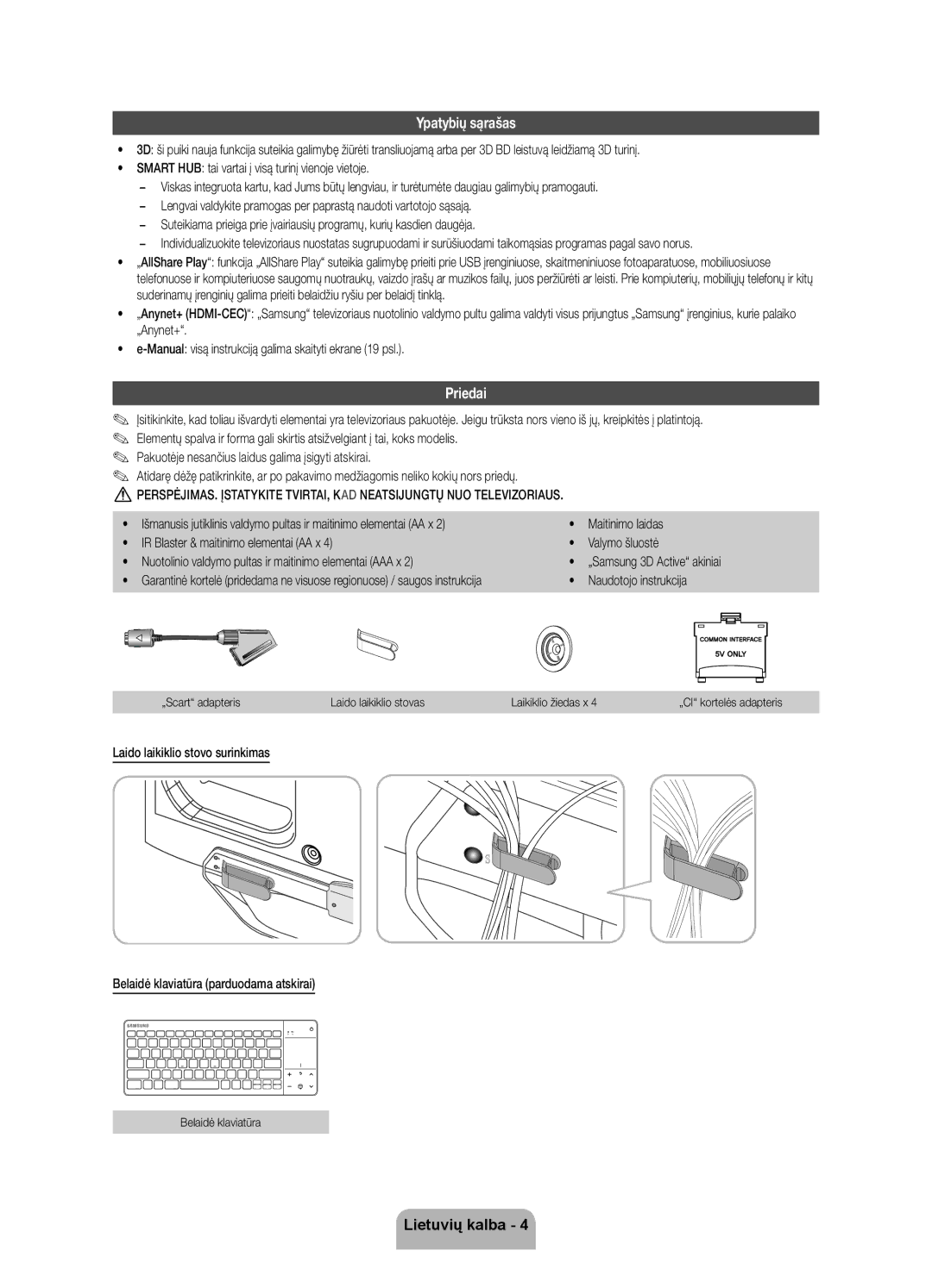 Samsung UE46ES8000SXXH, UE55ES8000SXXH, UE40ES8000SXXH manual Ypatybių sąrašas, Priedai, Naudotojo instrukcija 