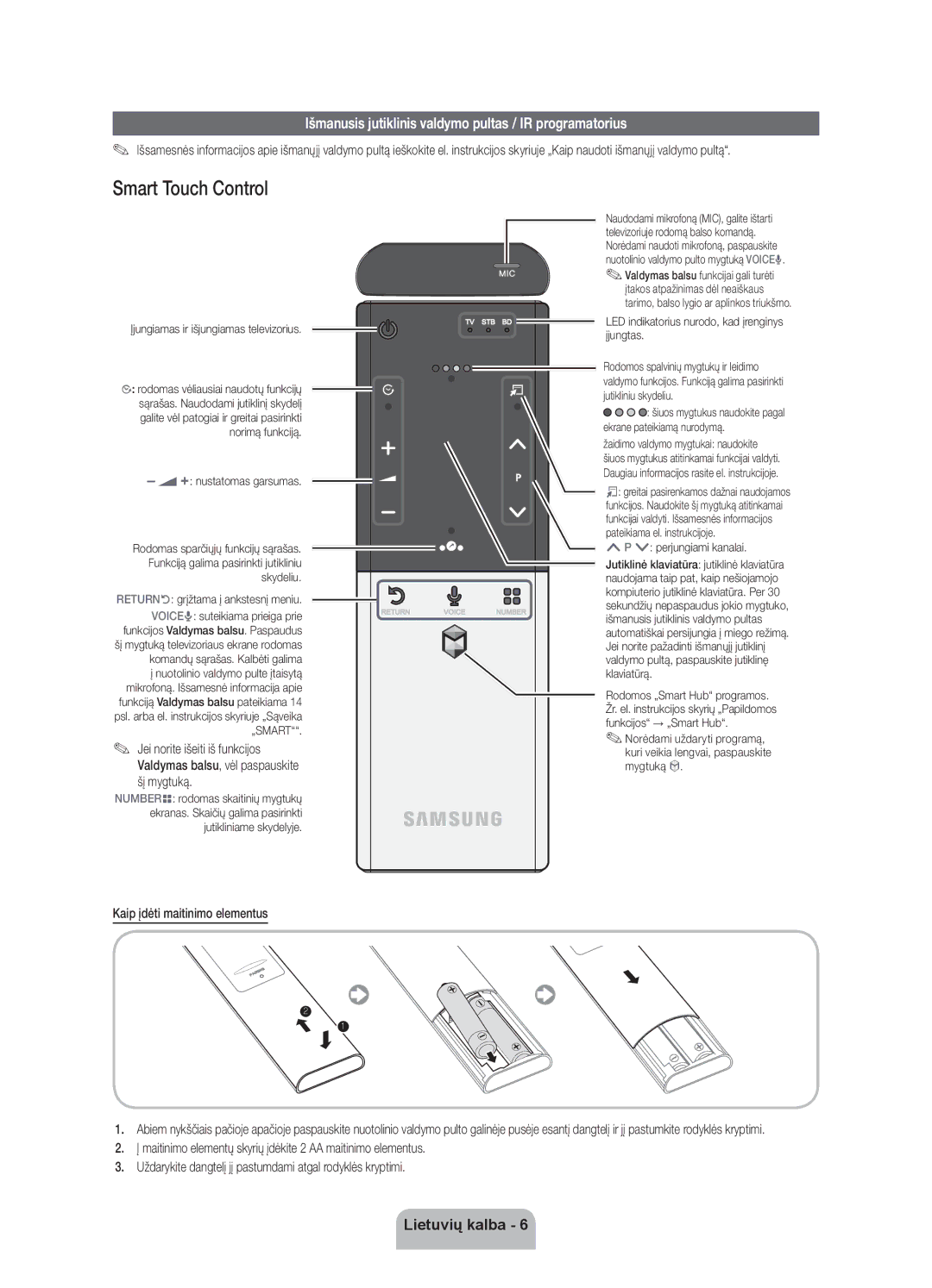 Samsung UE55ES8000SXXH manual Išmanusis jutiklinis valdymo pultas / IR programatorius, Kaip įdėti maitinimo elementus 