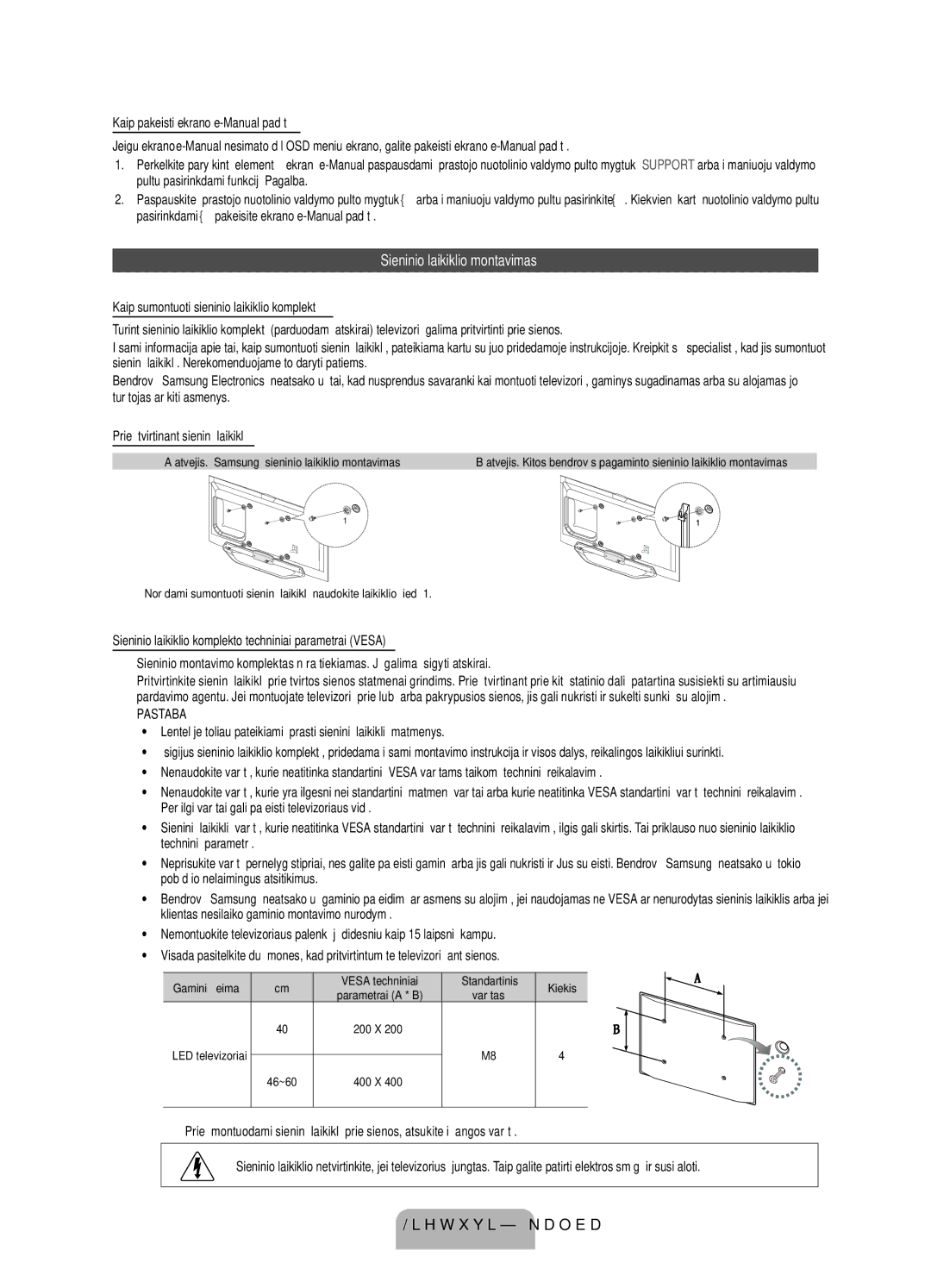 Samsung UE40ES8000SXXH, UE55ES8000SXXH, UE46ES8000SXXH Sieninio laikiklio montavimas, Gaminių šeima, LED televizoriai 46~60 