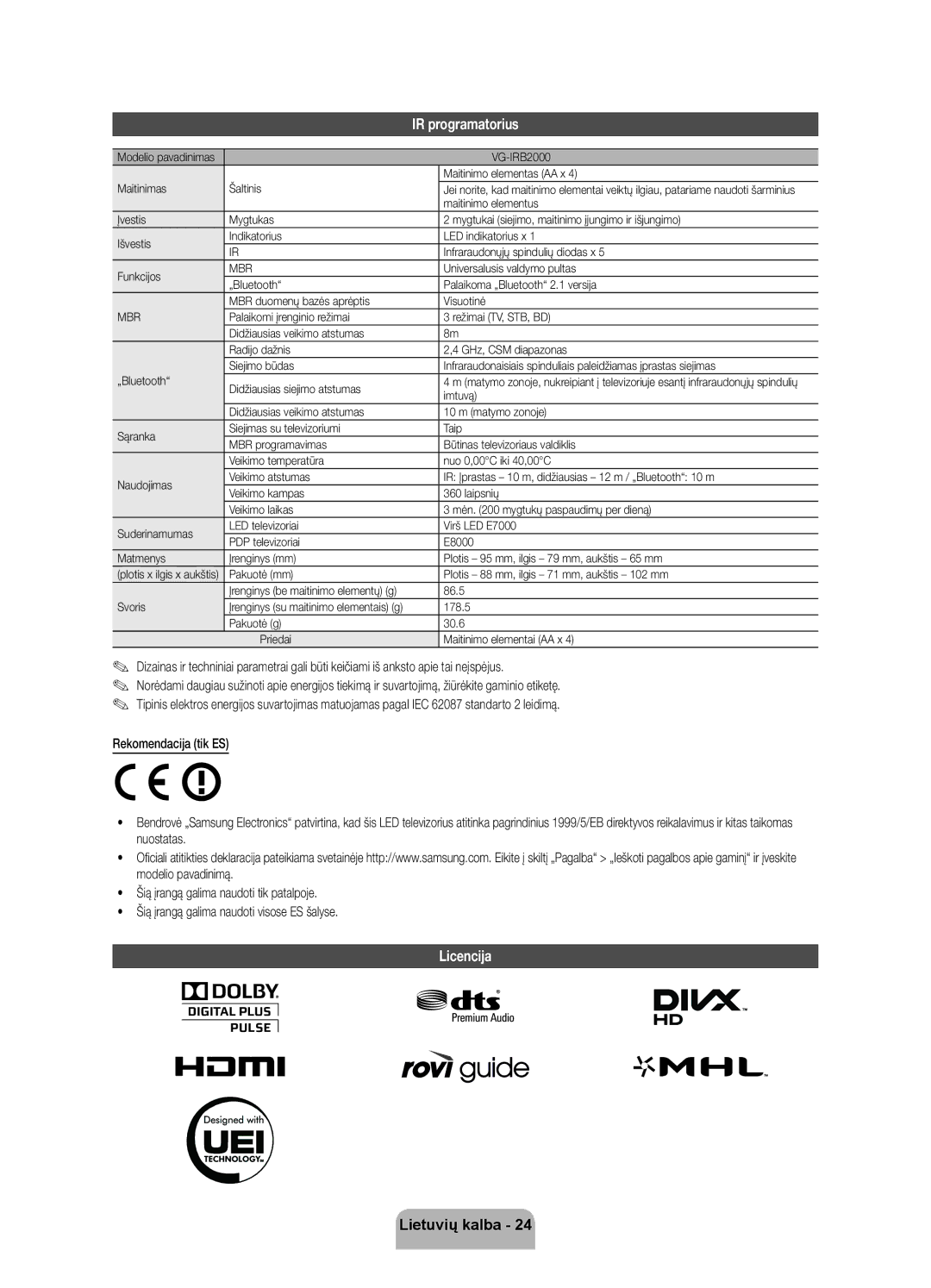 Samsung UE55ES8000SXXH, UE46ES8000SXXH IR programatorius, Licencija, Pakuotė mm Plotis 88 mm, ilgis 71 mm, aukštis 102 mm 