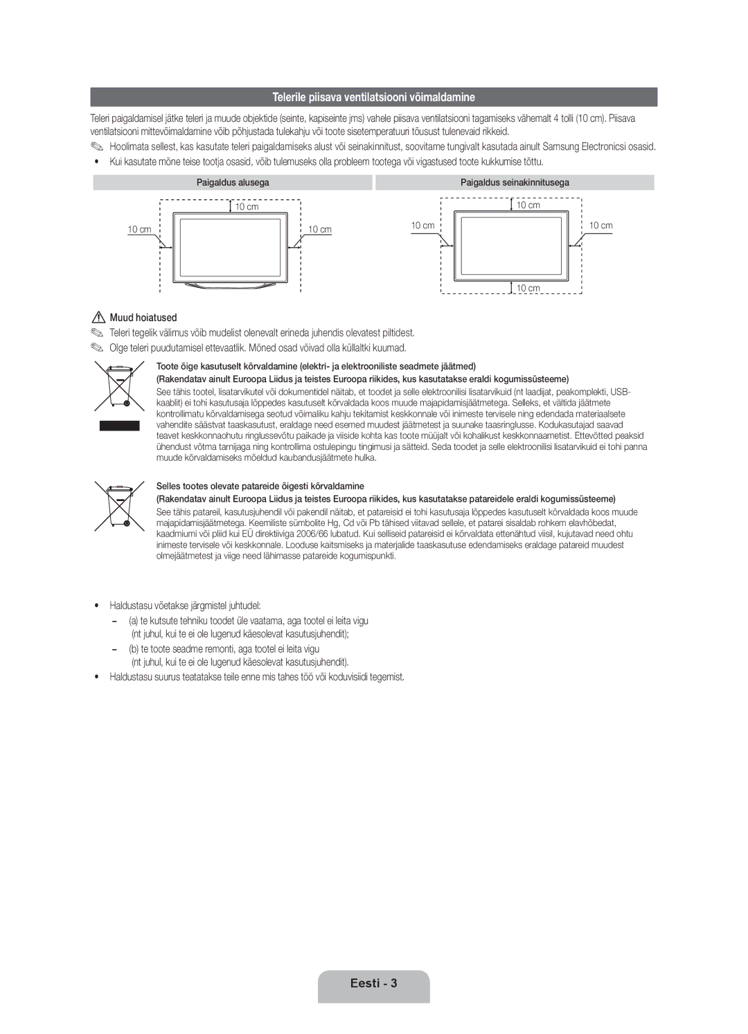 Samsung UE40ES8000SXXH, UE55ES8000SXXH, UE46ES8000SXXH manual Telerile piisava ventilatsiooni võimaldamine, Muud hoiatused 
