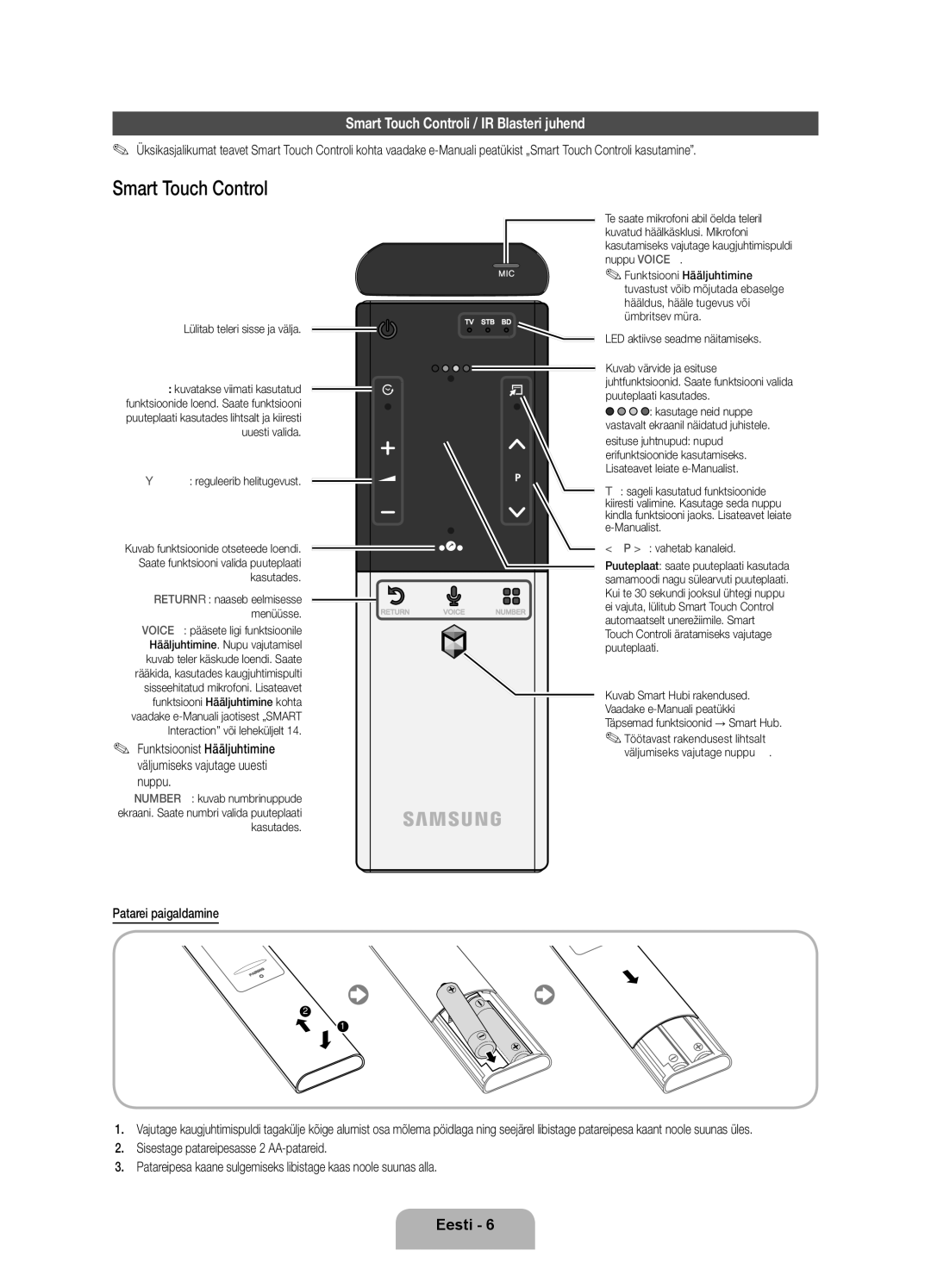 Samsung UE40ES8000SXXH, UE55ES8000SXXH, UE46ES8000SXXH manual Smart Touch Controli / IR Blasteri juhend, Patarei paigaldamine 