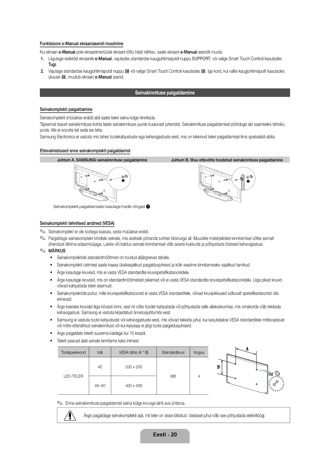 Samsung UE46ES8000SXXH manual Seinakinnituse paigaldamine, Ettevalmistused enne seinakomplekti paigaldamist, Tolli 