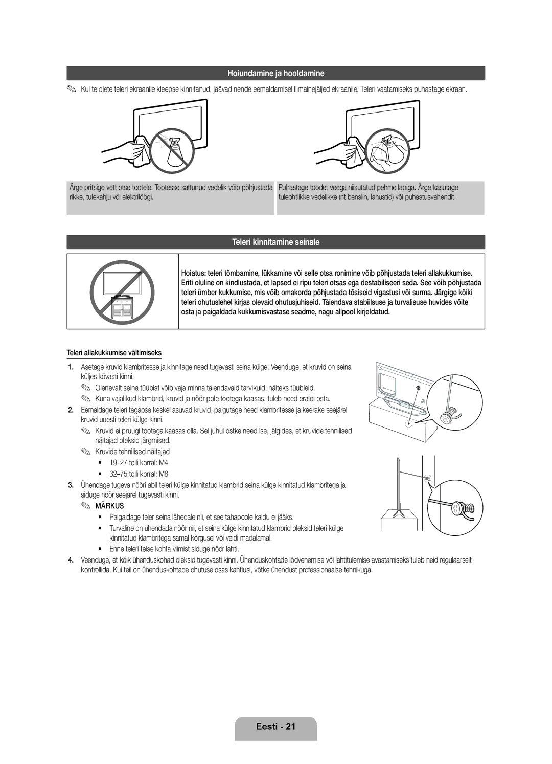 Samsung UE40ES8000SXXH, UE55ES8000SXXH, UE46ES8000SXXH manual Hoiundamine ja hooldamine, Teleri kinnitamine seinale 