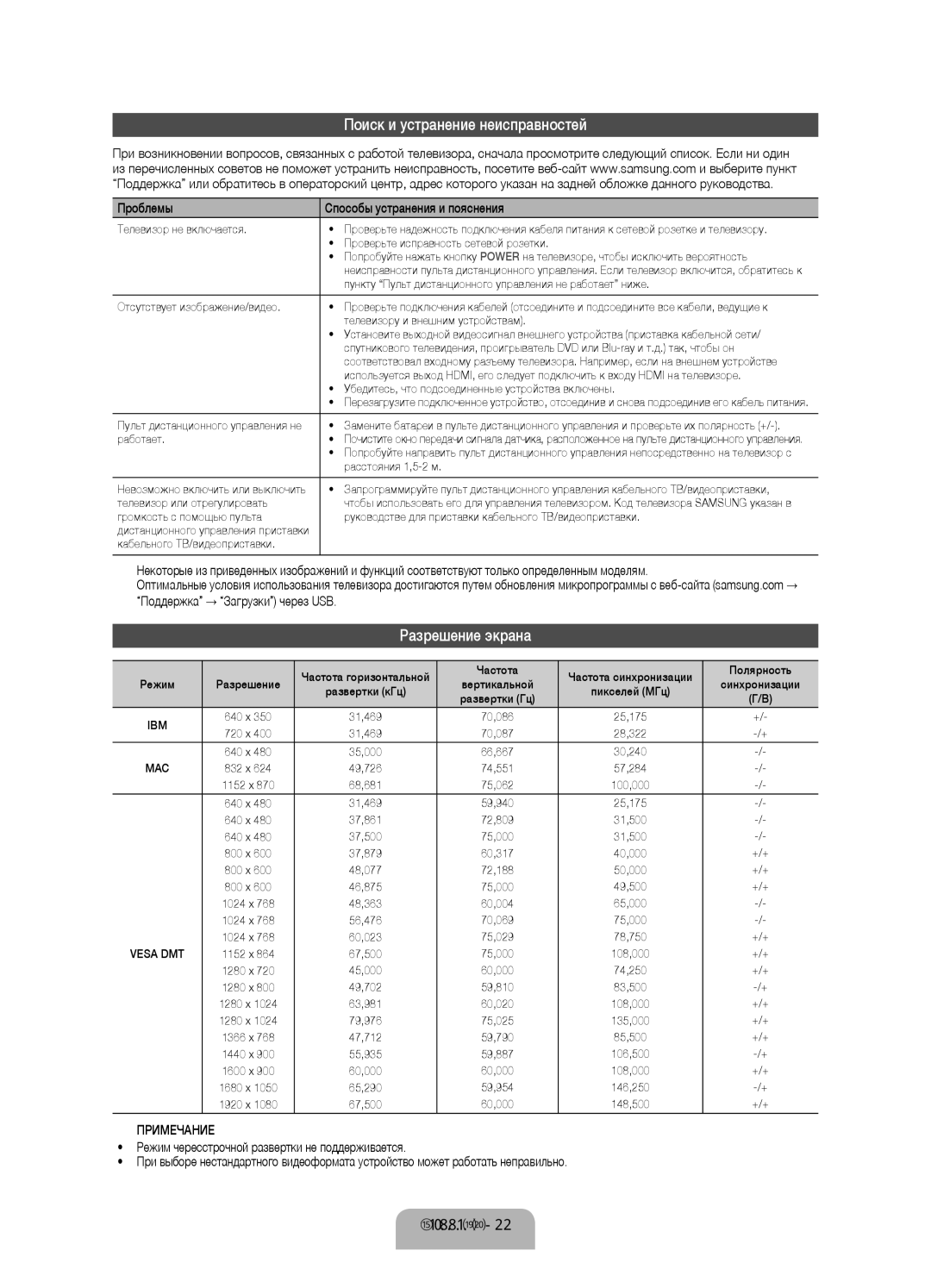 Samsung UE40ES8000SXXH manual Поиск и устранение неисправностей, Разрешение экрана, Проблемы Способы устранения и пояснения 