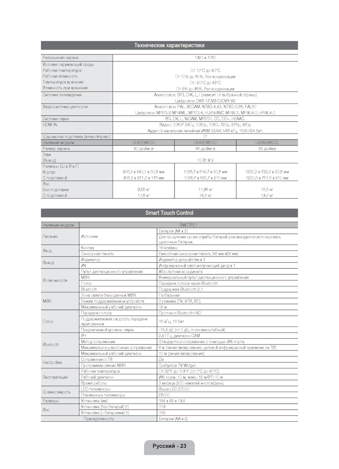 Samsung UE55ES8000SXXH, UE46ES8000SXXH, UE40ES8000SXXH manual Технические характеристики 