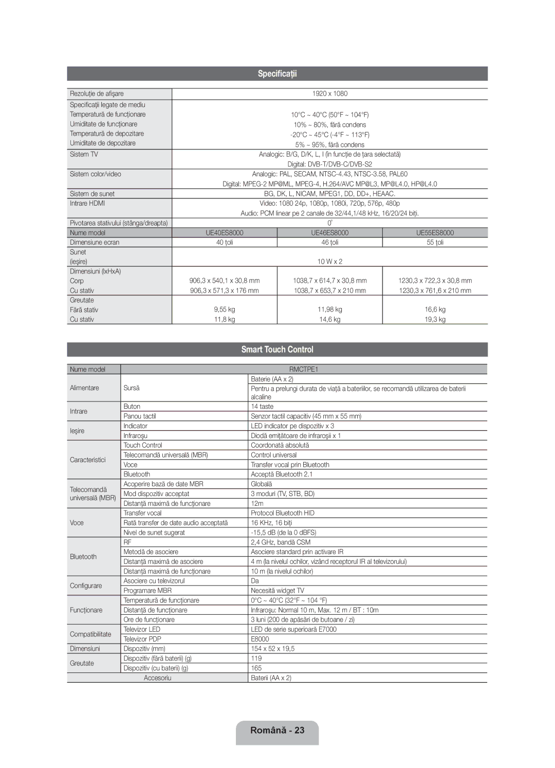 Samsung UE40ES8000SXXH, UE55ES8000SXXH, UE46ES8000SXXH manual Specificaţii, Smart Touch Control 