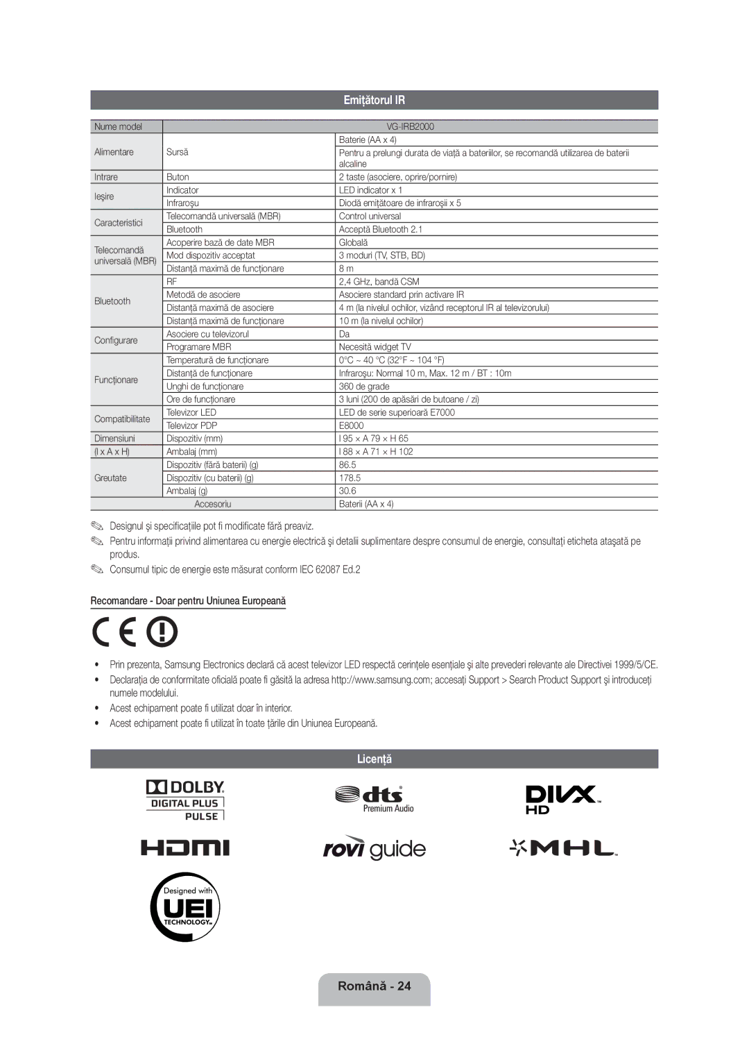 Samsung UE55ES8000SXXH, UE46ES8000SXXH manual Emiţătorul IR, Licenţă, Nume model VG-IRB2000 Baterie AA x Alimentare Sursă 