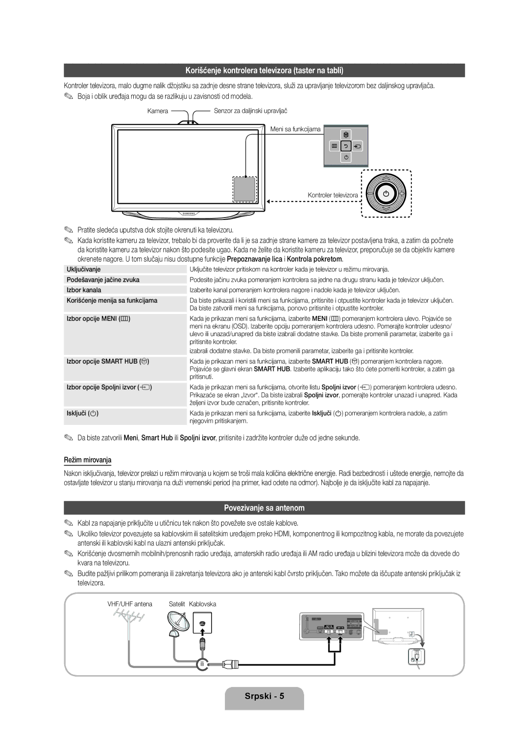 Samsung UE46ES8000SXXH, UE55ES8000SXXH manual Korišćenje kontrolera televizora taster na tabli, Povezivanje sa antenom 