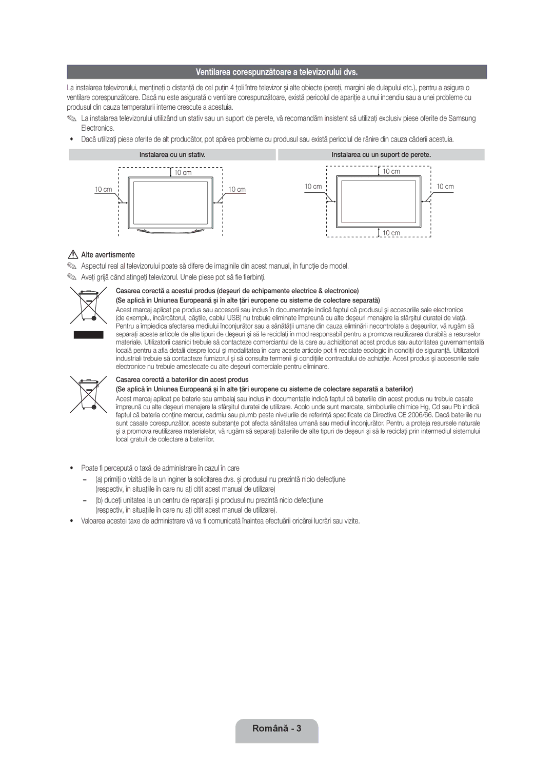 Samsung UE55ES8000SXXH, UE46ES8000SXXH, UE40ES8000SXXH Ventilarea corespunzătoare a televizorului dvs, Alte avertismente 