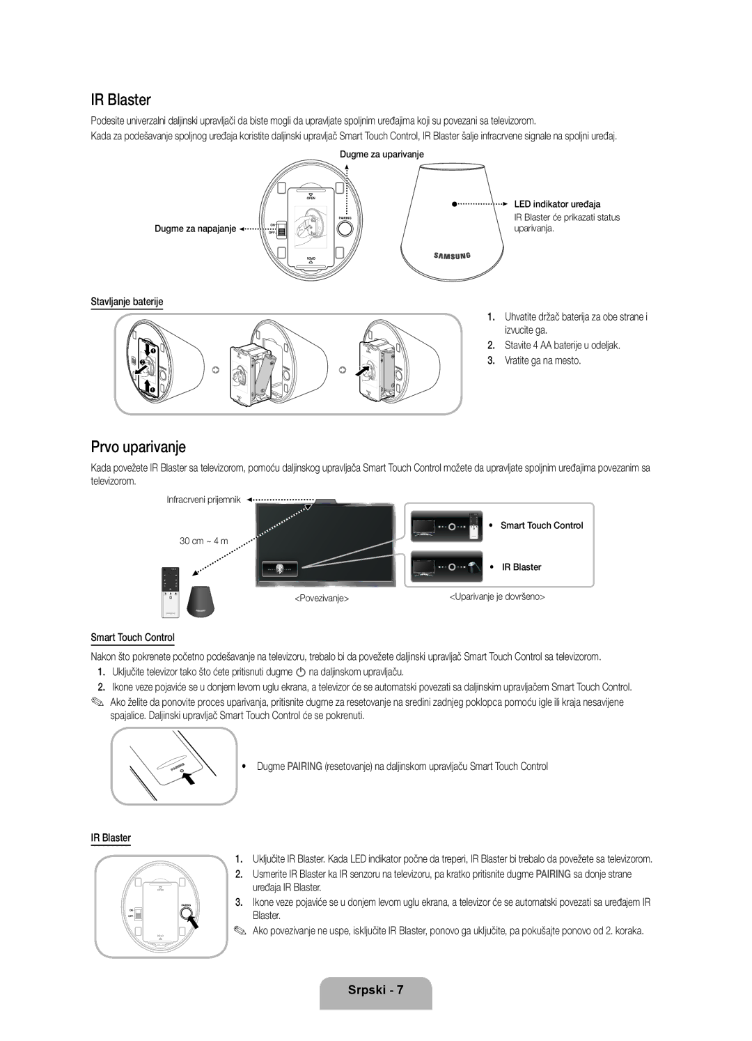 Samsung UE55ES8000SXXH manual Prvo uparivanje, Stavite 4 AA baterije u odeljak Vratite ga na mesto, Uređaja IR Blaster 