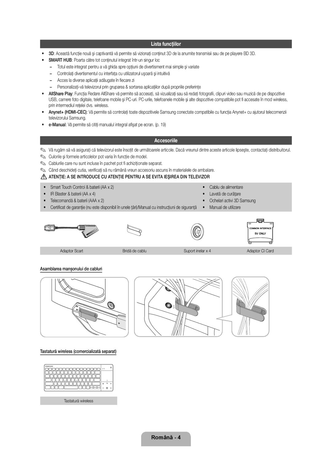 Samsung UE46ES8000SXXH, UE55ES8000SXXH, UE40ES8000SXXH manual Lista funcţiilor, Accesoriile, Manual de utilizare 