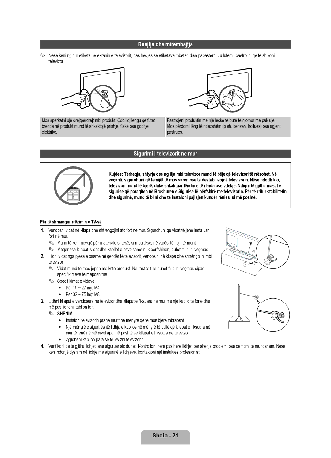 Samsung UE46ES8000SXXH manual Ruajtja dhe mirëmbajtja, Sigurimi i televizorit në mur, Për të shmangur rrëzimin e TV-së 