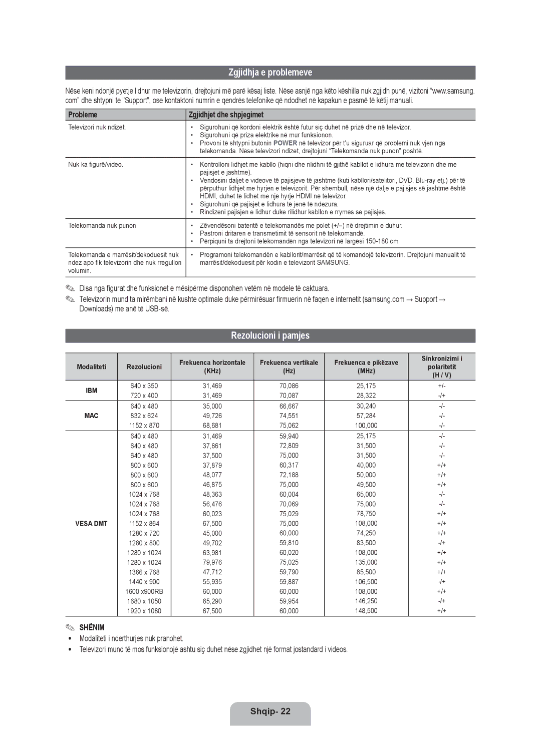 Samsung UE40ES8000SXXH, UE55ES8000SXXH manual Zgjidhja e problemeve, Rezolucioni i pamjes, Probleme Zgjidhjet dhe shpjegimet 