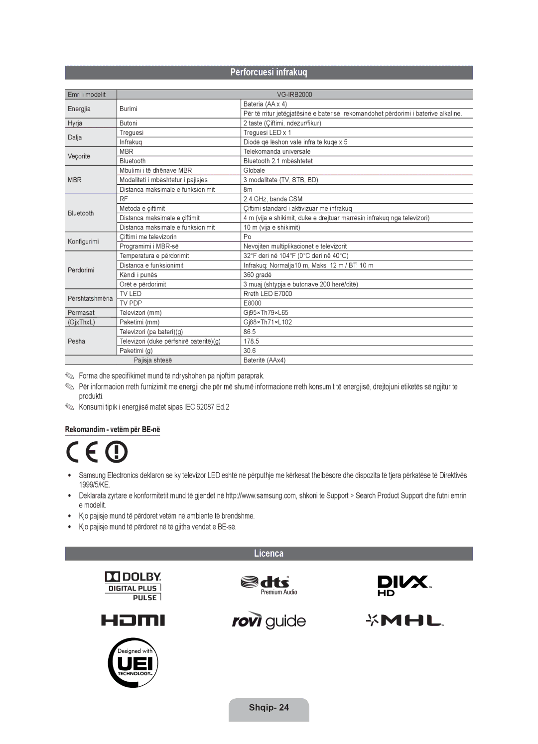 Samsung UE46ES8000SXXH, UE55ES8000SXXH, UE40ES8000SXXH manual Përforcuesi infrakuq, Licenca, Rekomandim vetëm për BE-në 