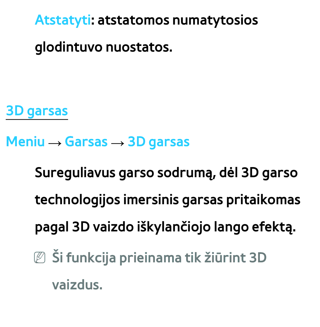 Samsung UE55ES7000SXXH, UE55ES8000SXXH, UE46ES8000SXXH, UE46ES7000SXXH manual 3D garsas Meniu → Garsas → 3D garsas, Vaizdus 